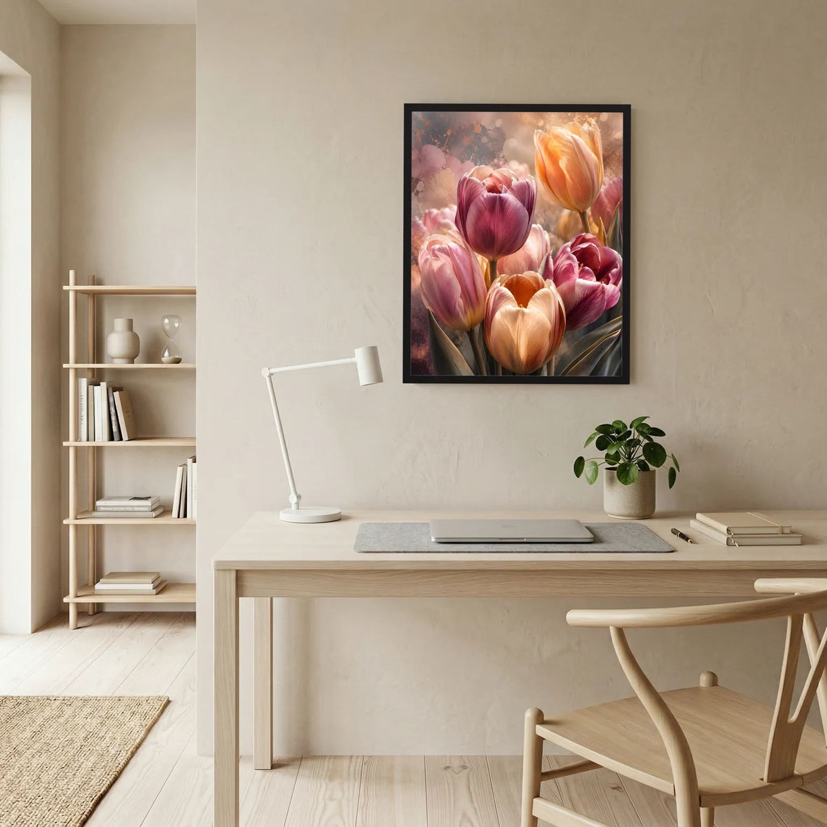 Gerahmtes Blumenposter mit Tulpen in Rosa, Apricot und Orange, Hochformat.