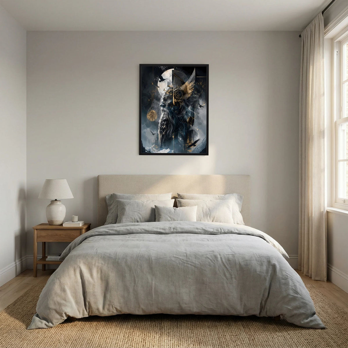 Gerahmtes Hochformat-Poster mit Wikingerkriegerkopf, Raben und goldenen Details