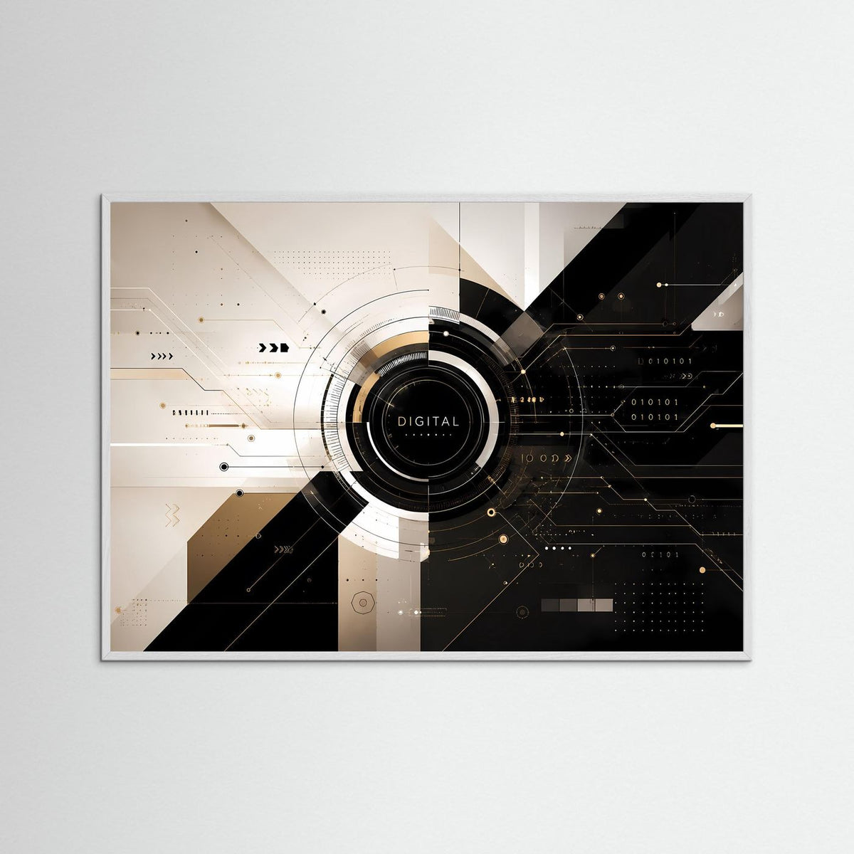 Abstraktes Tech-Poster im Querformat mit Digital-Emblem, silbergrauem Rahmen