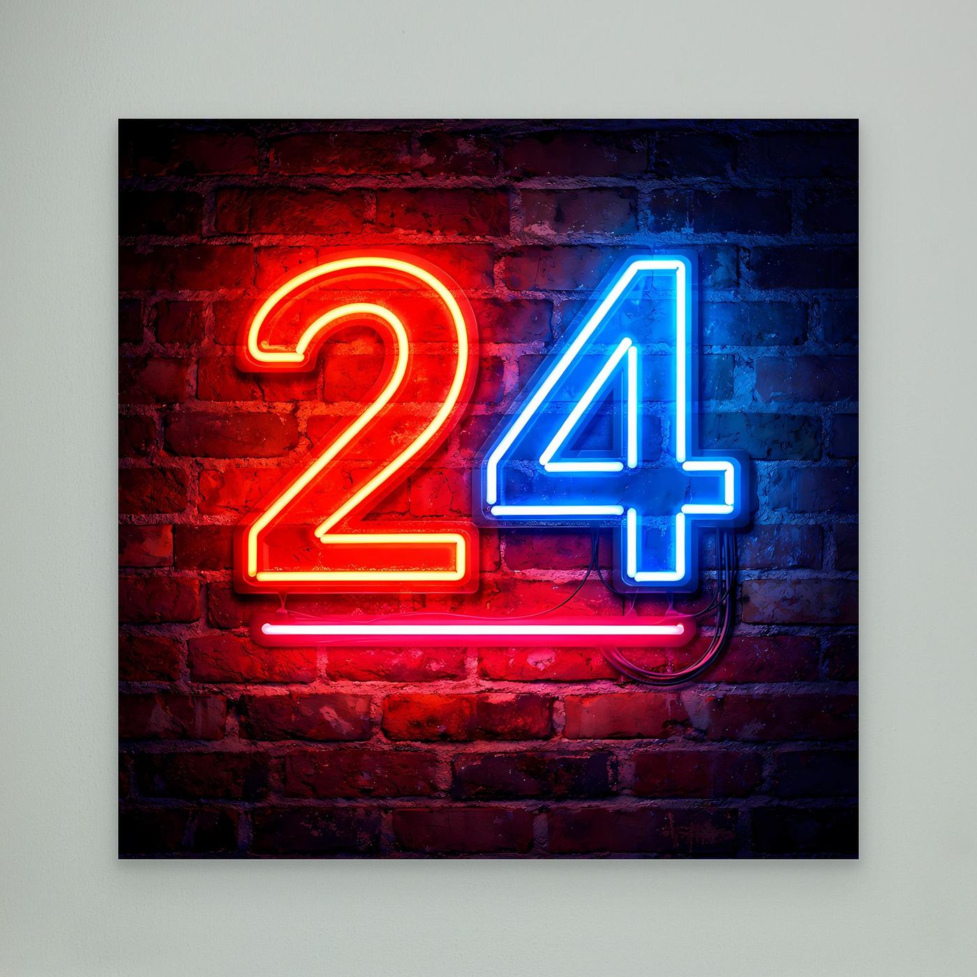 Neon-Wandbild mit Zahl 24, rot-blau auf Backstein, ohne sichtbaren Rahmen