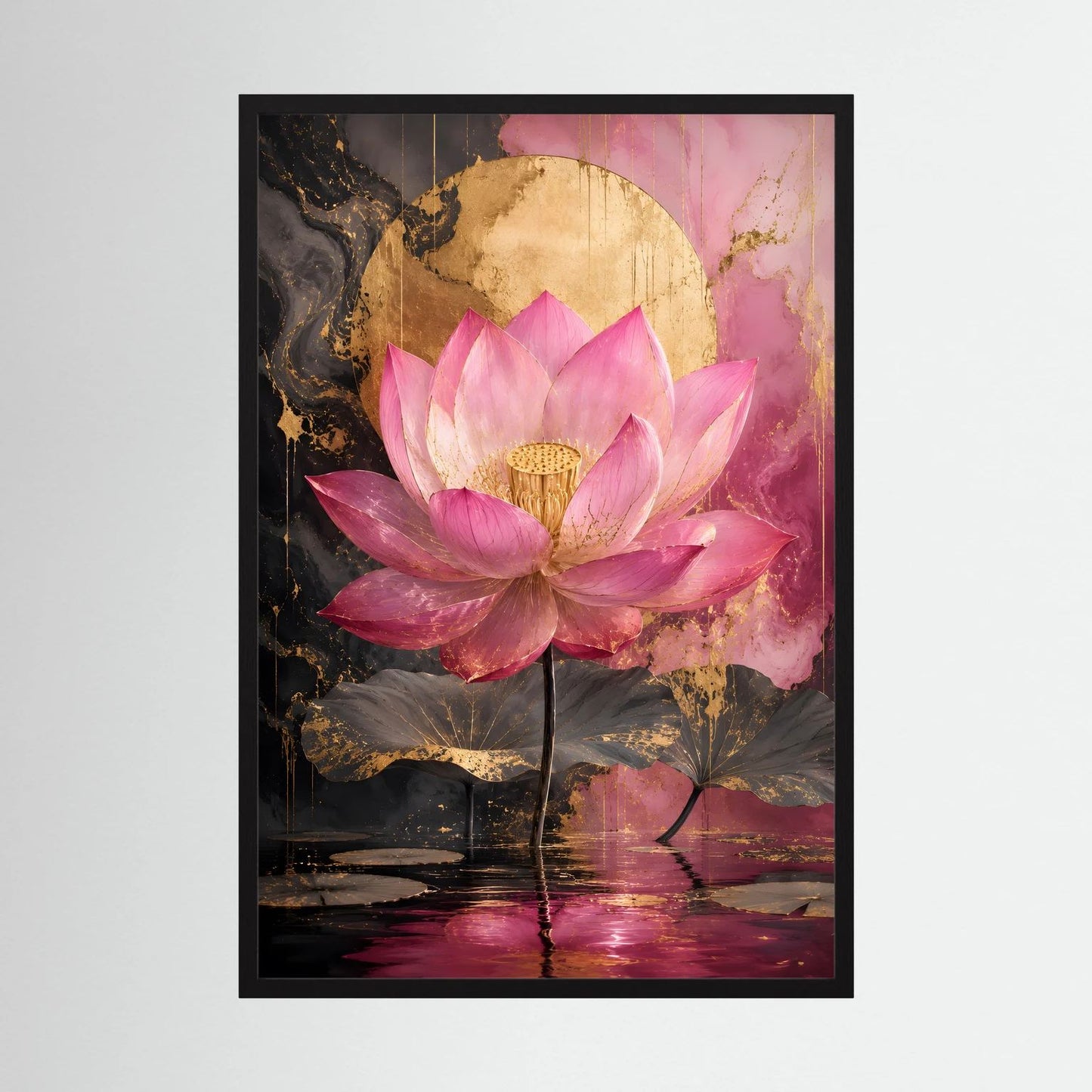 Lotusposter mit rosa Seerosenblüten, schwarzem Rahmen und goldenen Akzenten im Hochformat