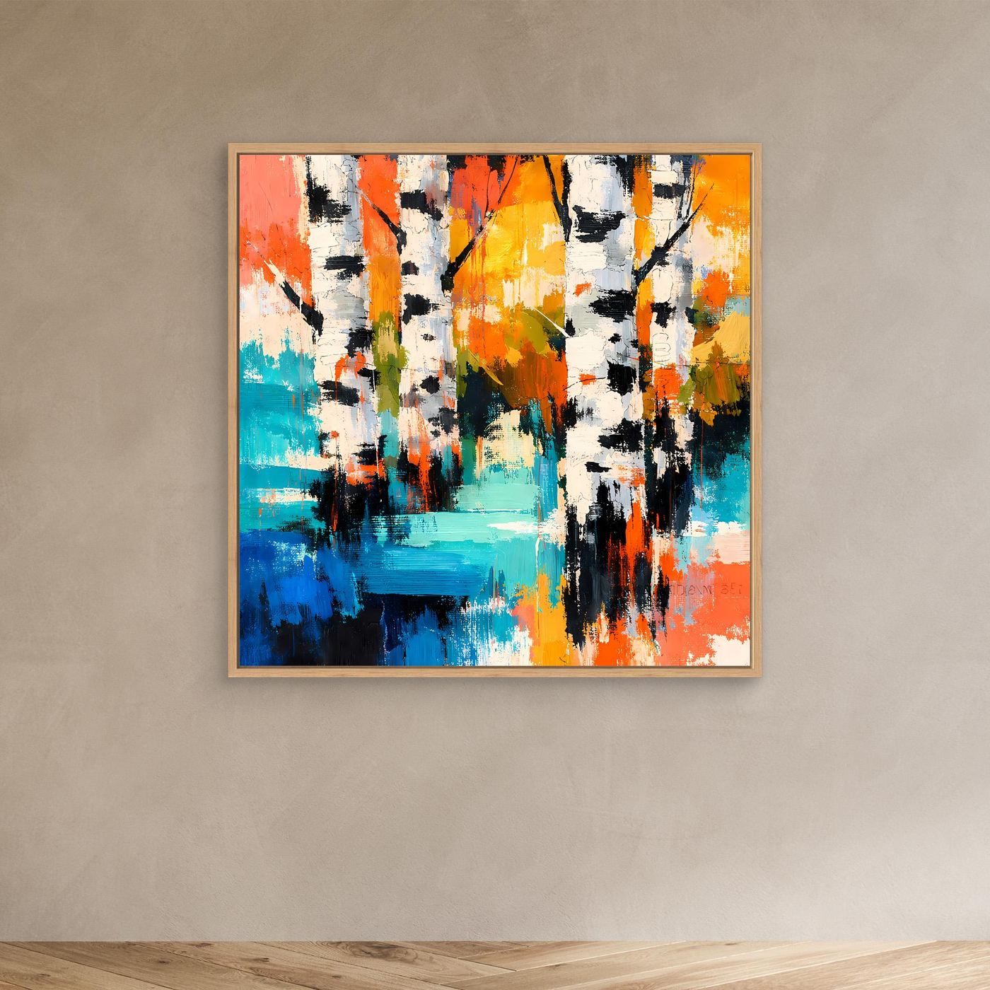 Abstract birch tree canvas wall art with light wood frame and colorful vertical strokes