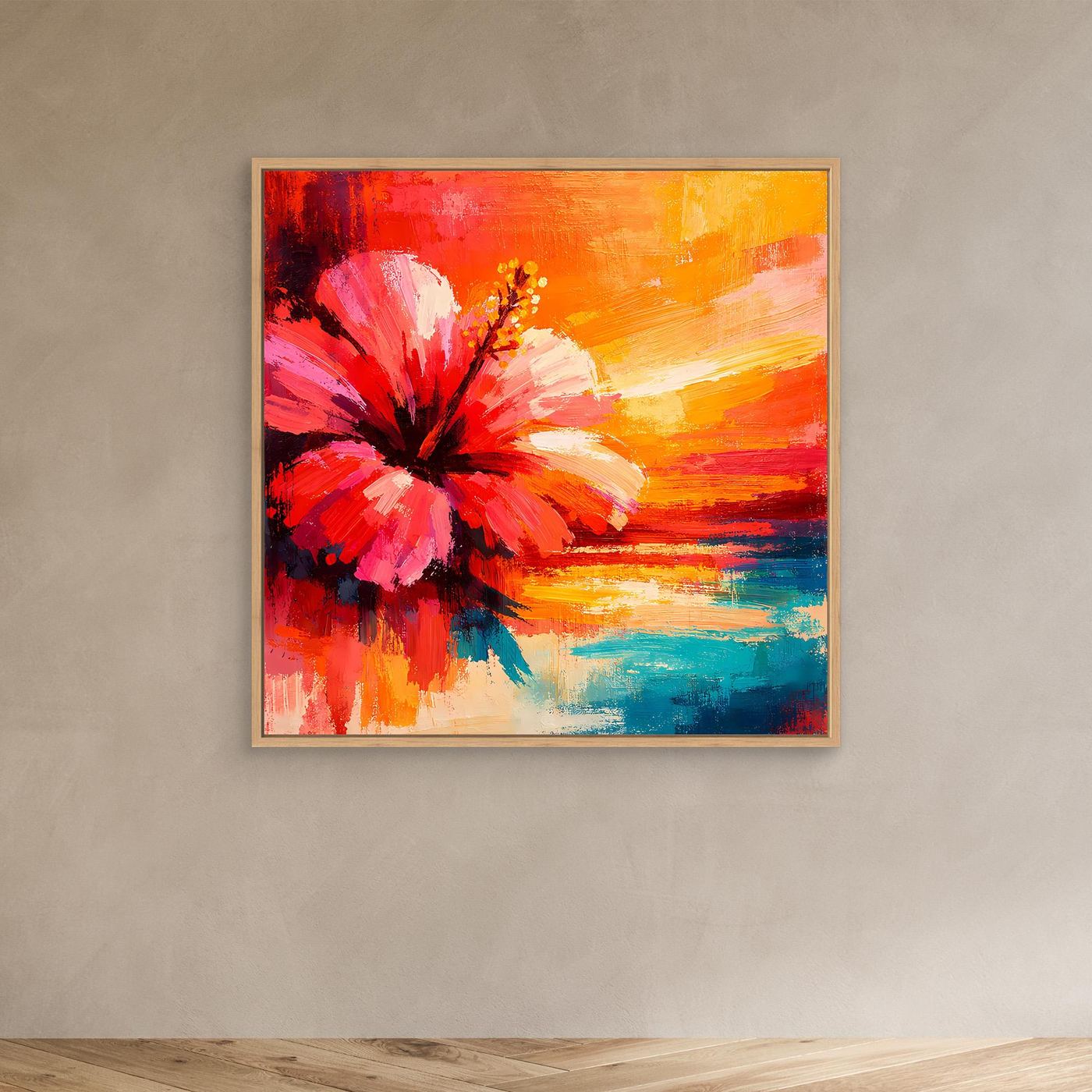 Leinwand Abstraktes Hibiskusblütenbild am Meer | Modernes Küsten Wandbild Bunt