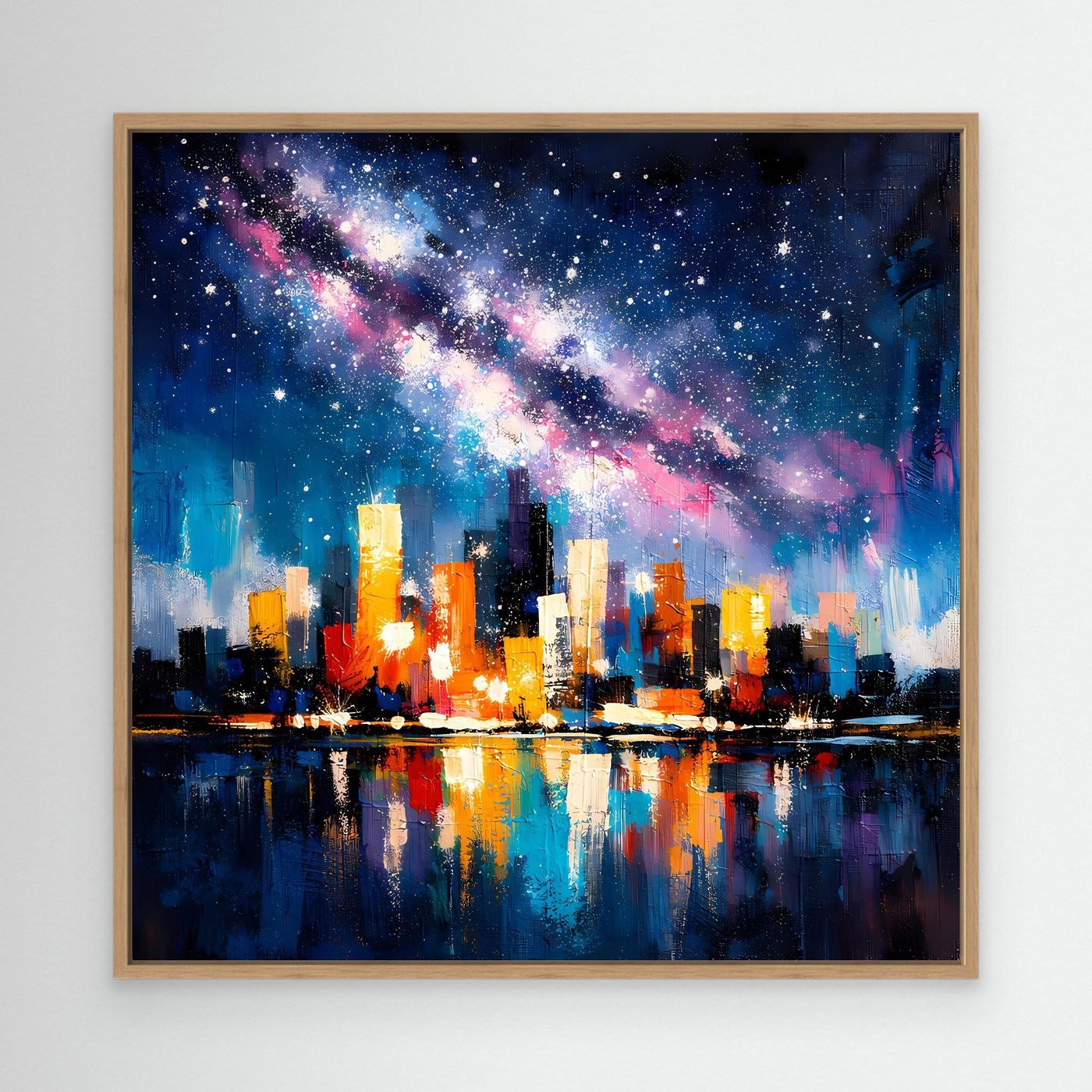 Oak-framed starry city skyline wall canvas art with glowing buildings and galaxy sky