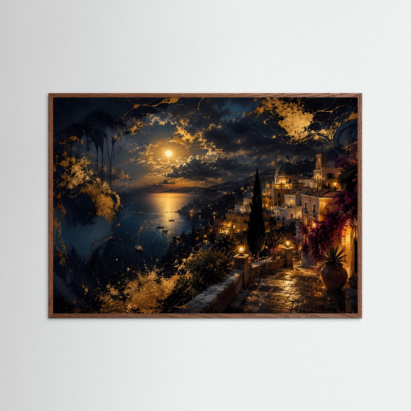 Mediterrane Küstenstadt bei Nacht | Goldene Mondschein-Romantik