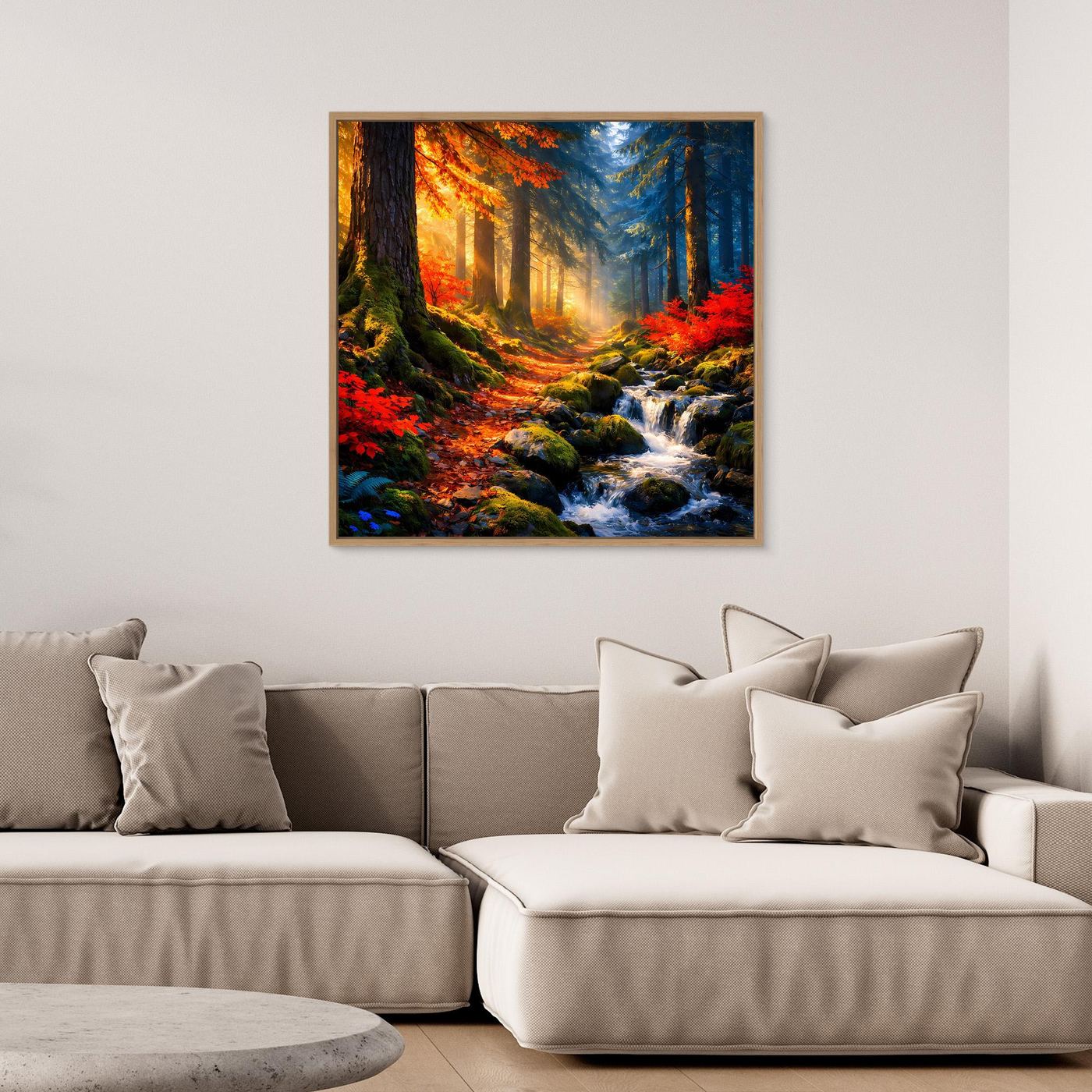 Wandbild Wald am Bachlauf im goldenen Herbst mit hellem Holzrahmen, bunte Farben