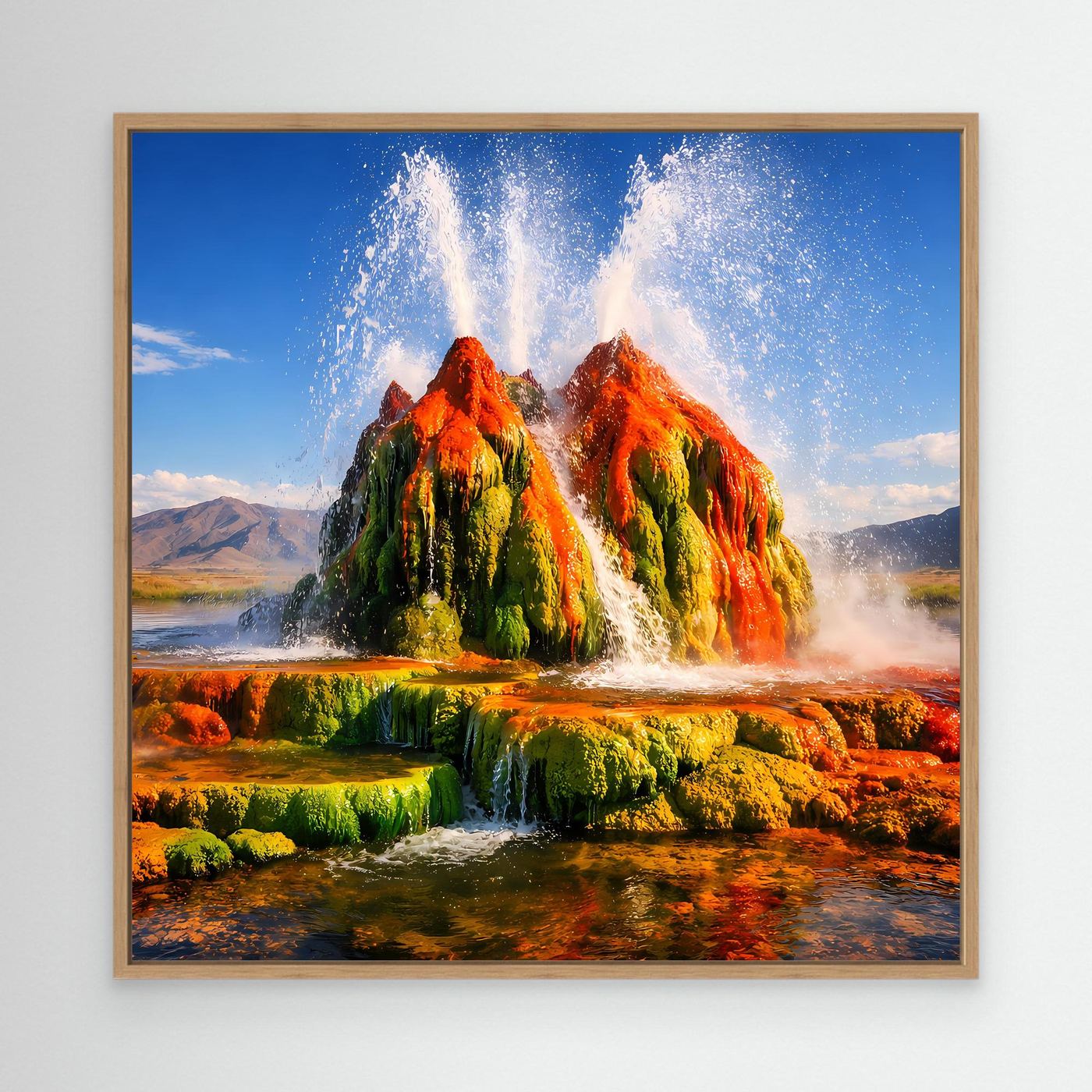 Leinwandbild mit Geysir-Motiv und Eichenrahmen, leuchtende Farben und Wasserstrahlen