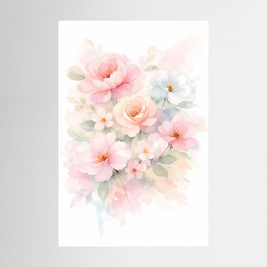Hochformatiges Poster mit Aquarell-Blumenstrauß in Pastellrosa, Pfirsich und Hellblau
