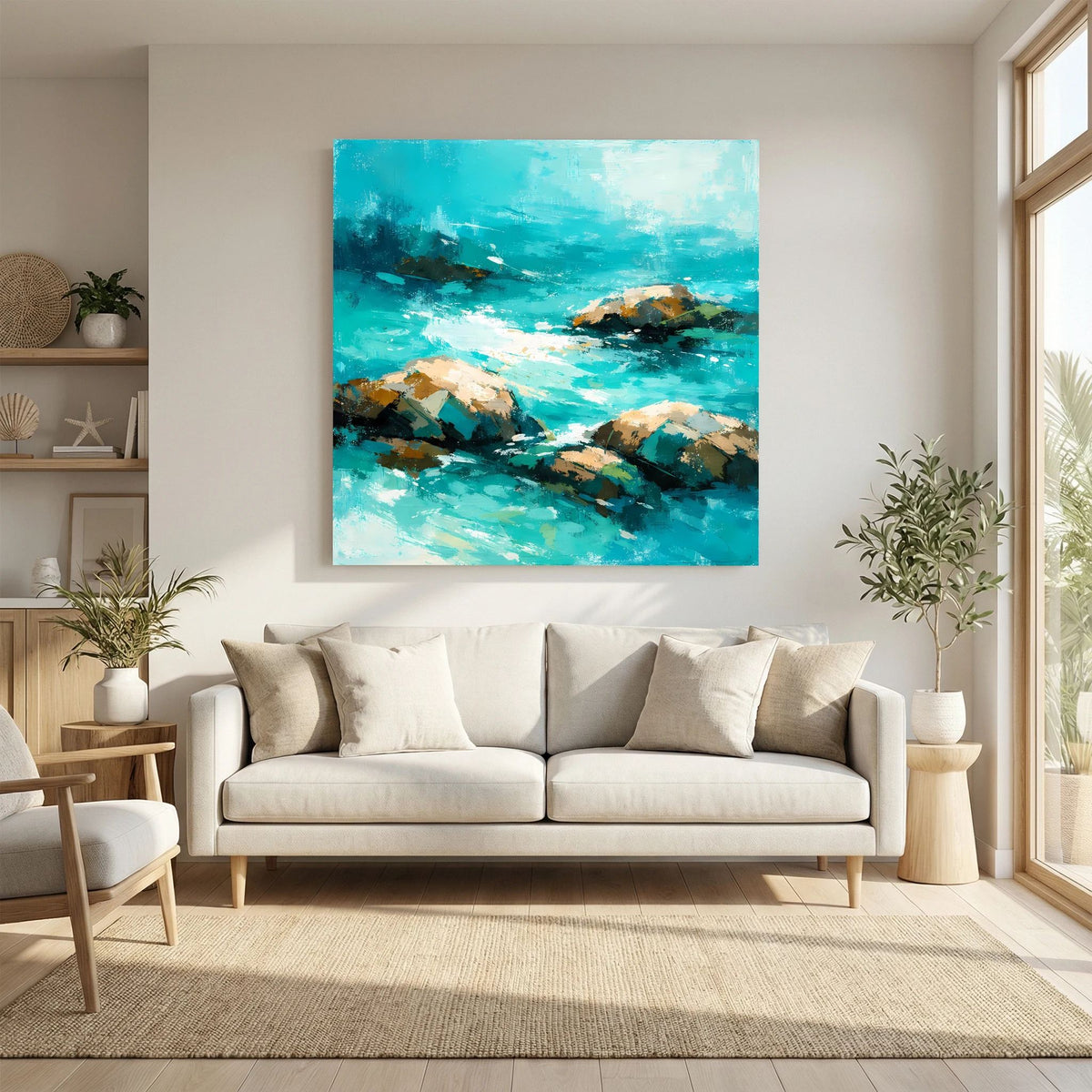 Leinwand-Wandbild mit türkisfarbenem Wellenmeer und Felsen