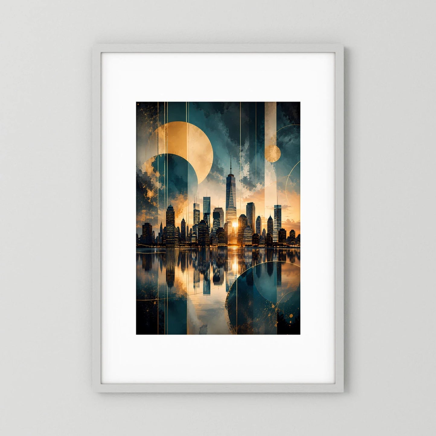 Hochformatiges Poster mit abstrakter Skyline in Petrol und Gold, schwarzem Rahmen