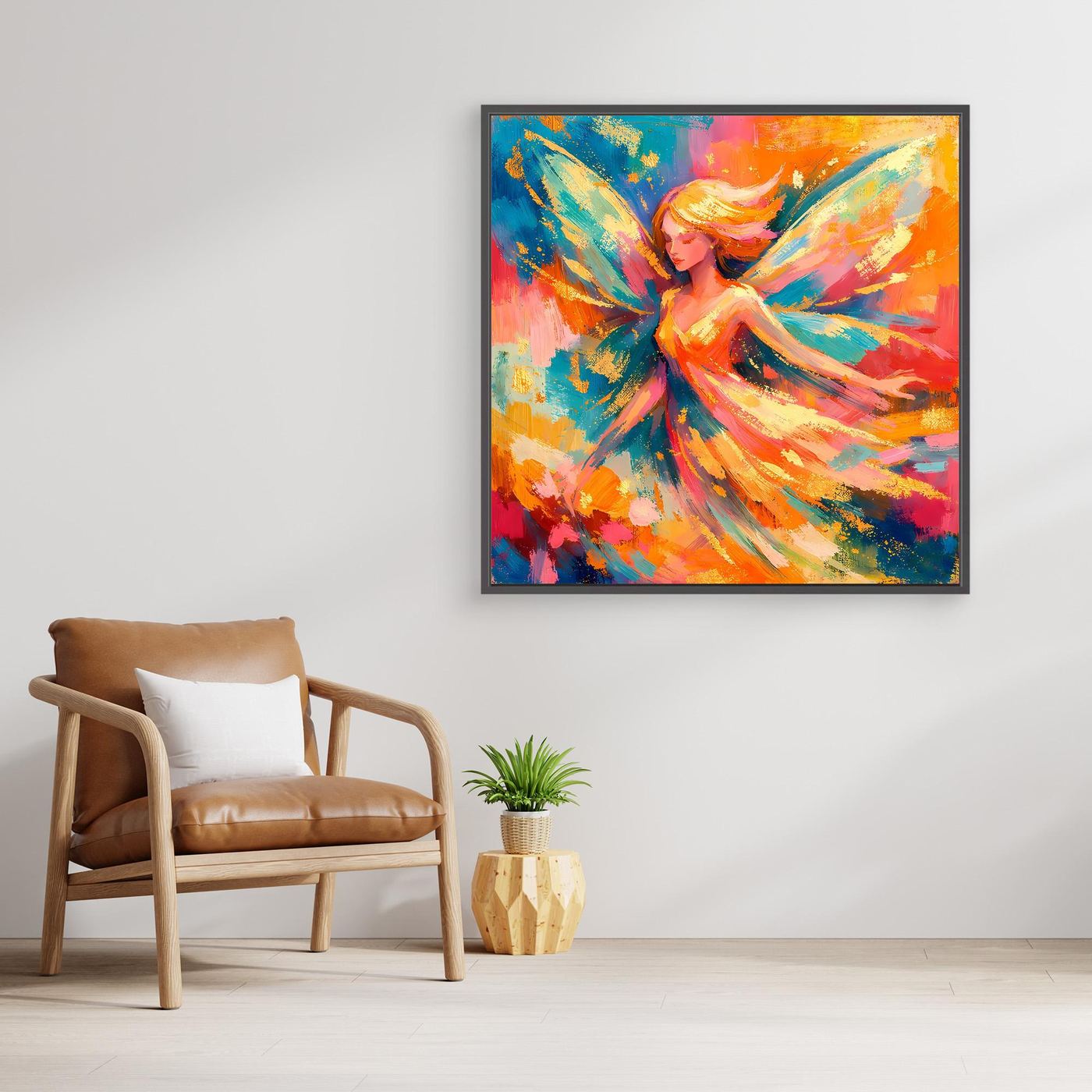 Quadratisches Leinwandbild mit goldfarbenem Rahmen: Fee mit Flügeln, bunte Pinseloptik.
