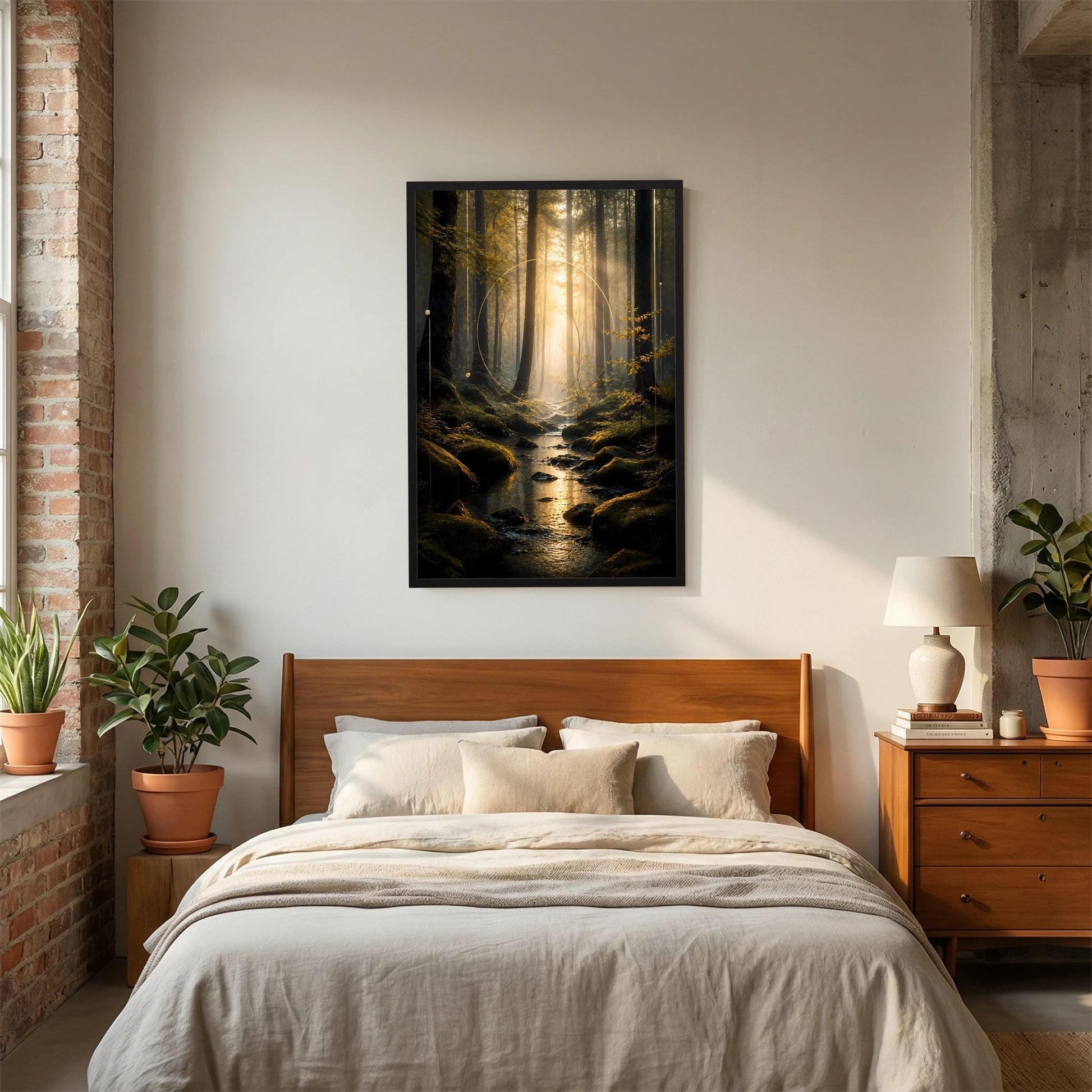 Hochformat-Poster im schwarzen Rahmen, Waldschlucht mit Bächlein und Moos im Licht