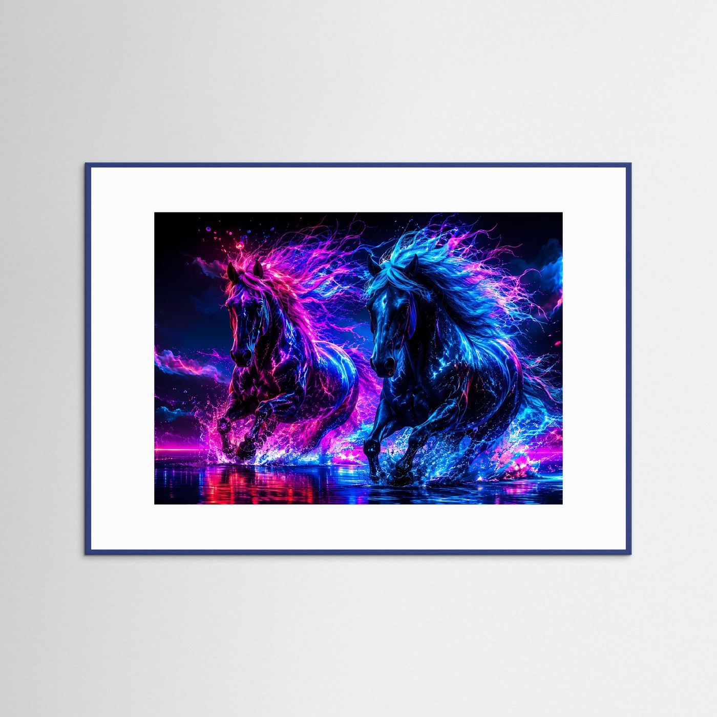 Neon Pferde Poster Querformat | Futuristische Pferde Wandkunst in Pink & Blau | Modernes Cyberpunk Wandbild