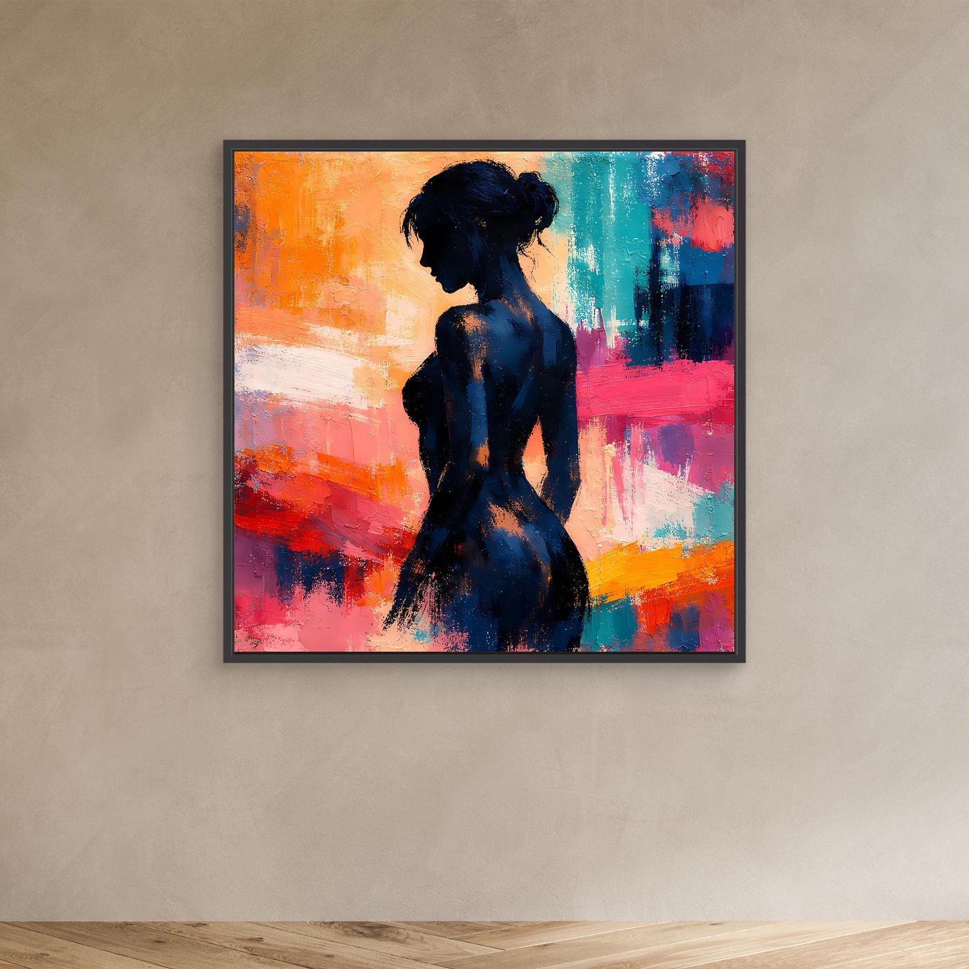 Schwarz gerahmtes Leinwandbild mit Frauensilhouette in Dunkelblau und bunten Pinselstrichen.