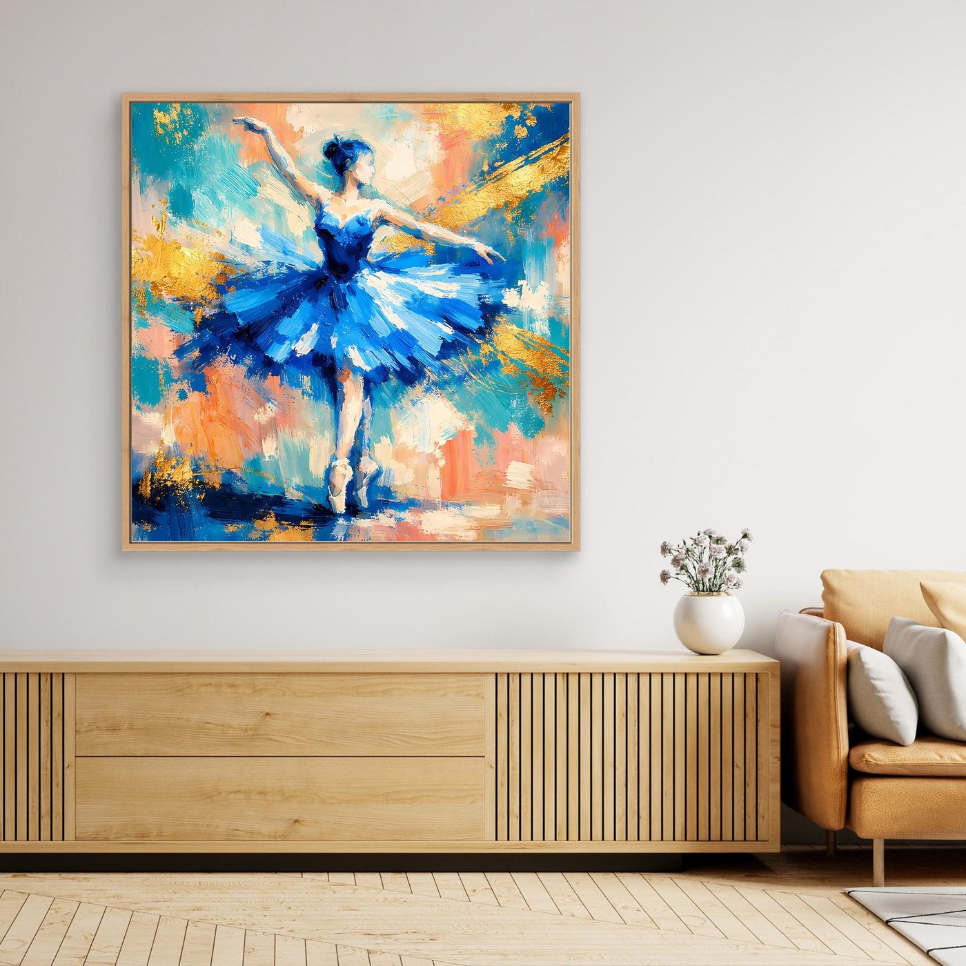 Leinwandbild Ballerina abstrakt in Blau mit goldfarbenem Rahmen, Tänzerin im wehenden Kleid