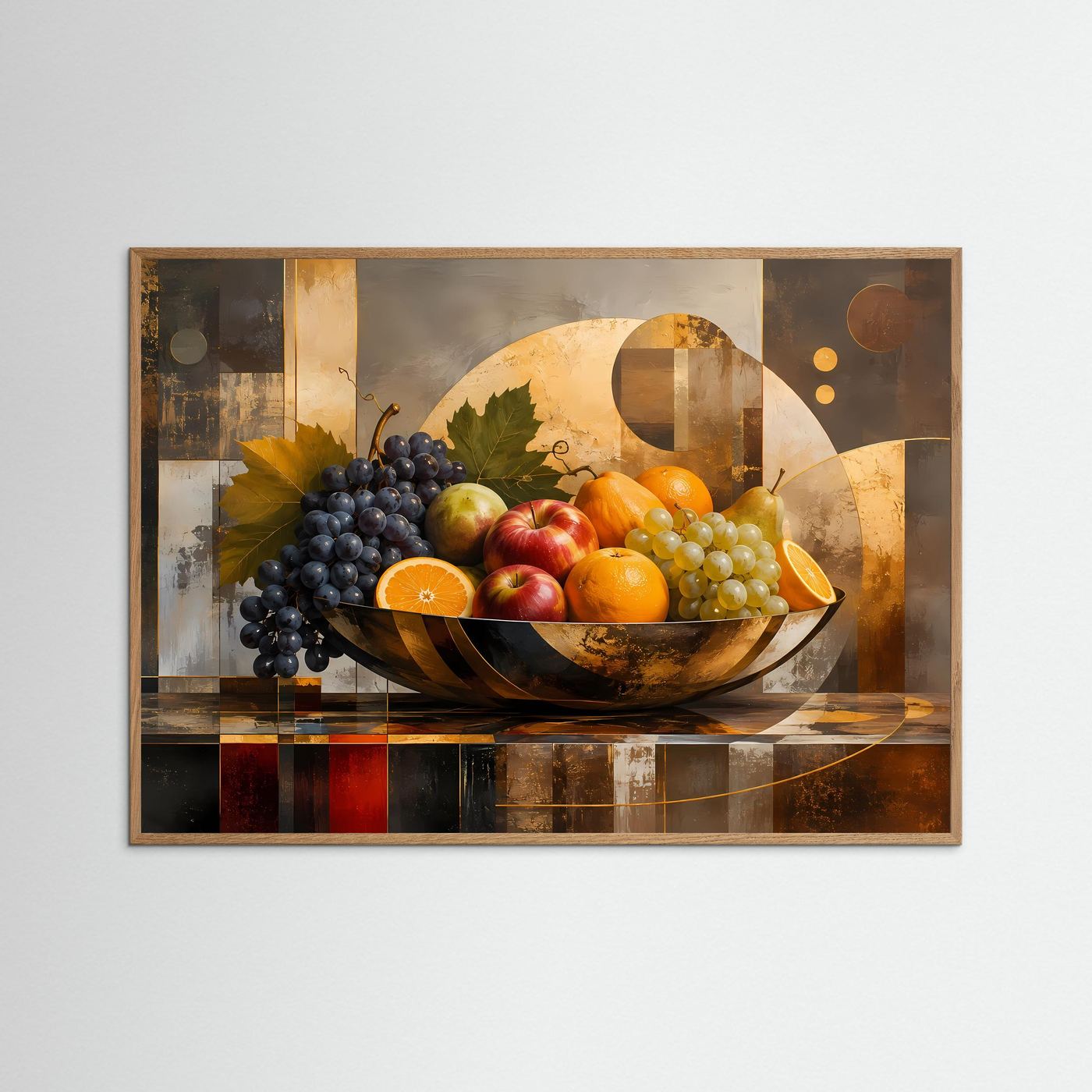 Querformat-Poster mit Obstschale: Trauben, orange und gelbe Früchte vor geometrischen Flächen