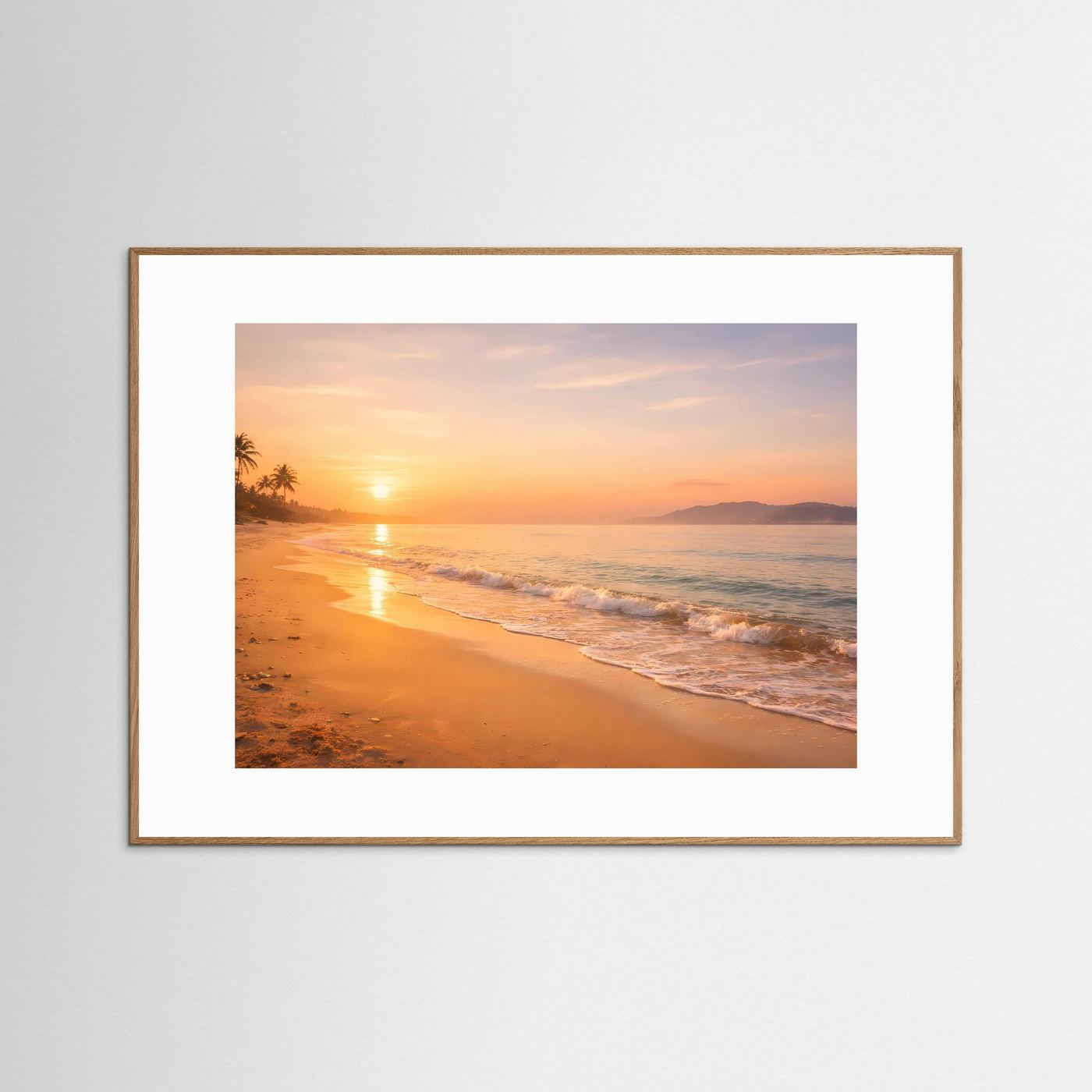 Poster Strand-Sonnenuntergang mit braunem Holzrahmen