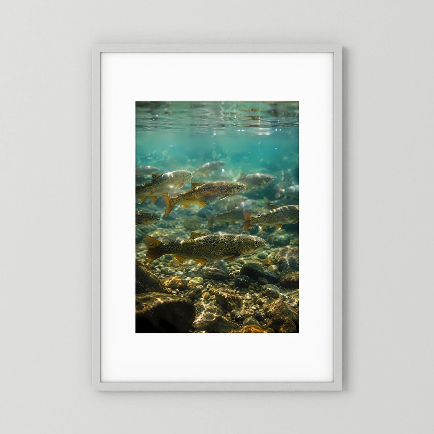 Hochformatposter mit weißem Rahmen: Forellen im Unterwasserbach zwischen Steinen