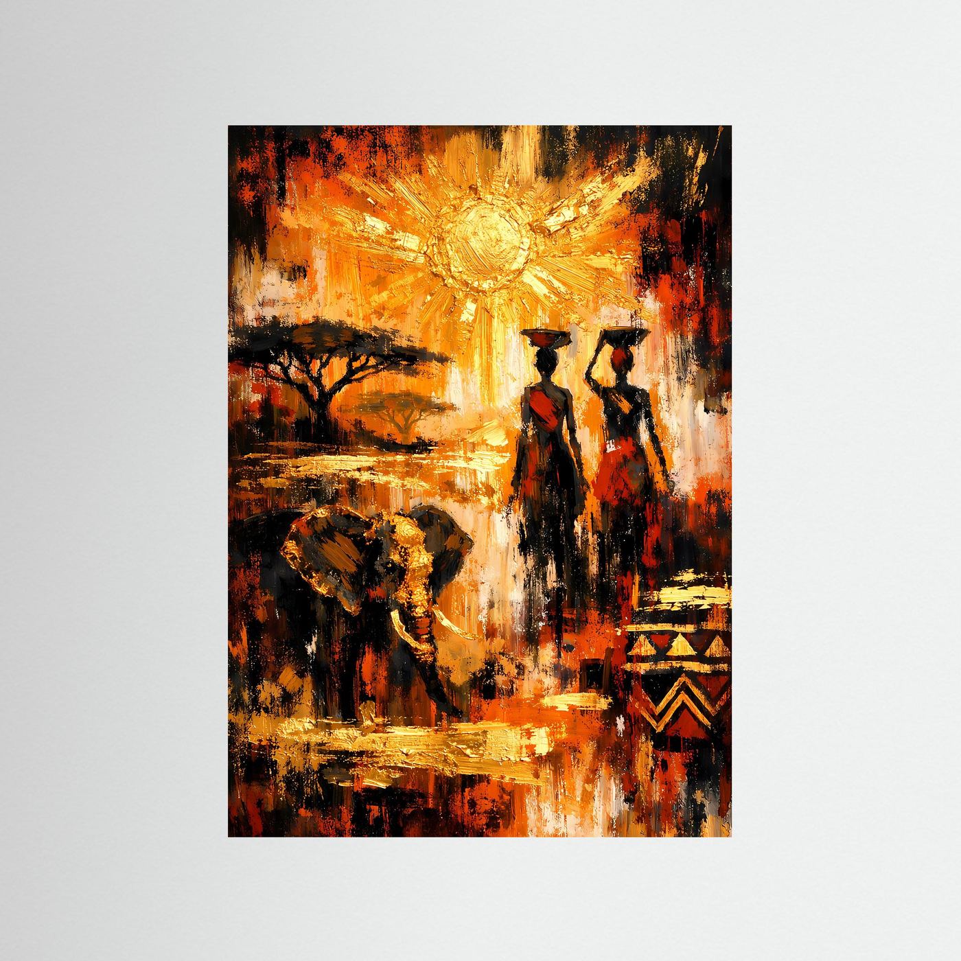 Ethno-Kunstposter im Hochformat mit goldener Sonne, zwei Figuren und Baum, orange-schwarz