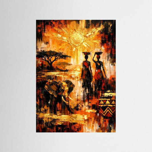 Ethno-Kunstposter im Hochformat mit goldener Sonne, zwei Figuren und Baum, orange-schwarz