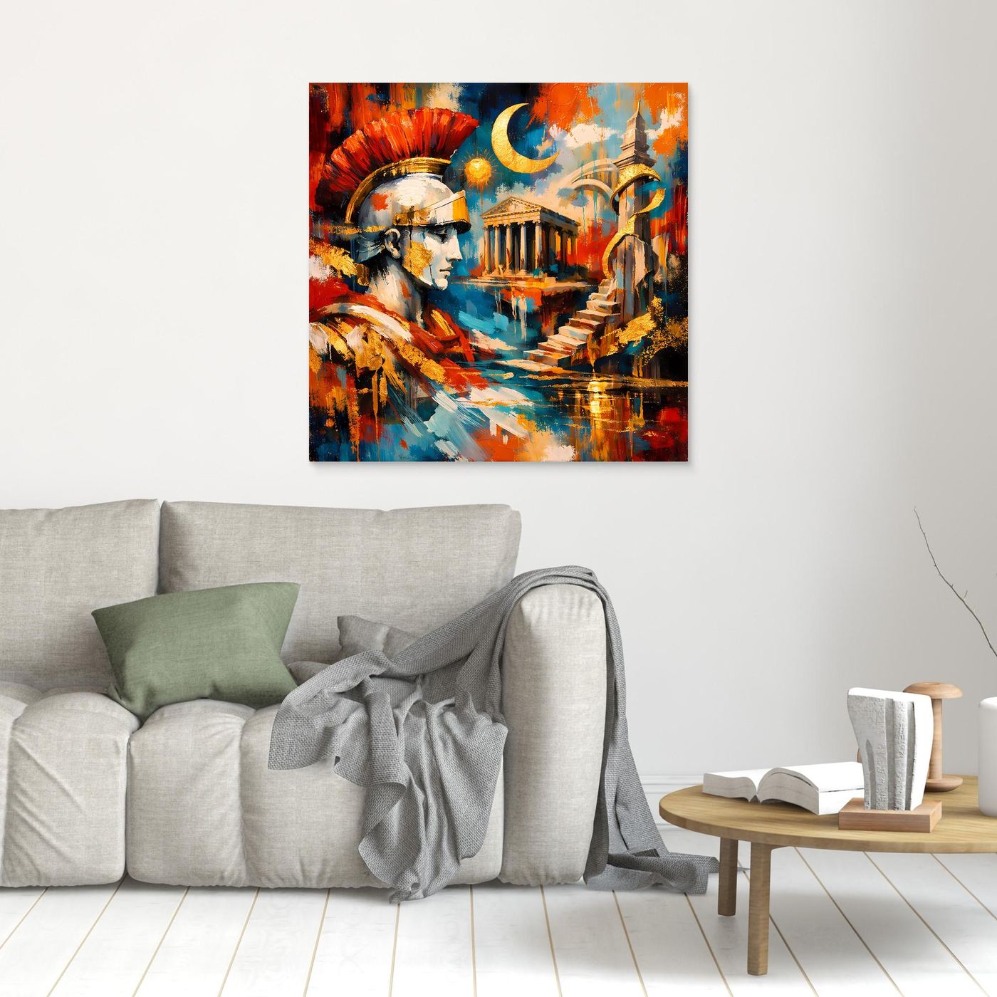 Quadratisches Leinwandbild mit römischem Zenturio, abstraktes Motiv in Rot, Blau und Gold