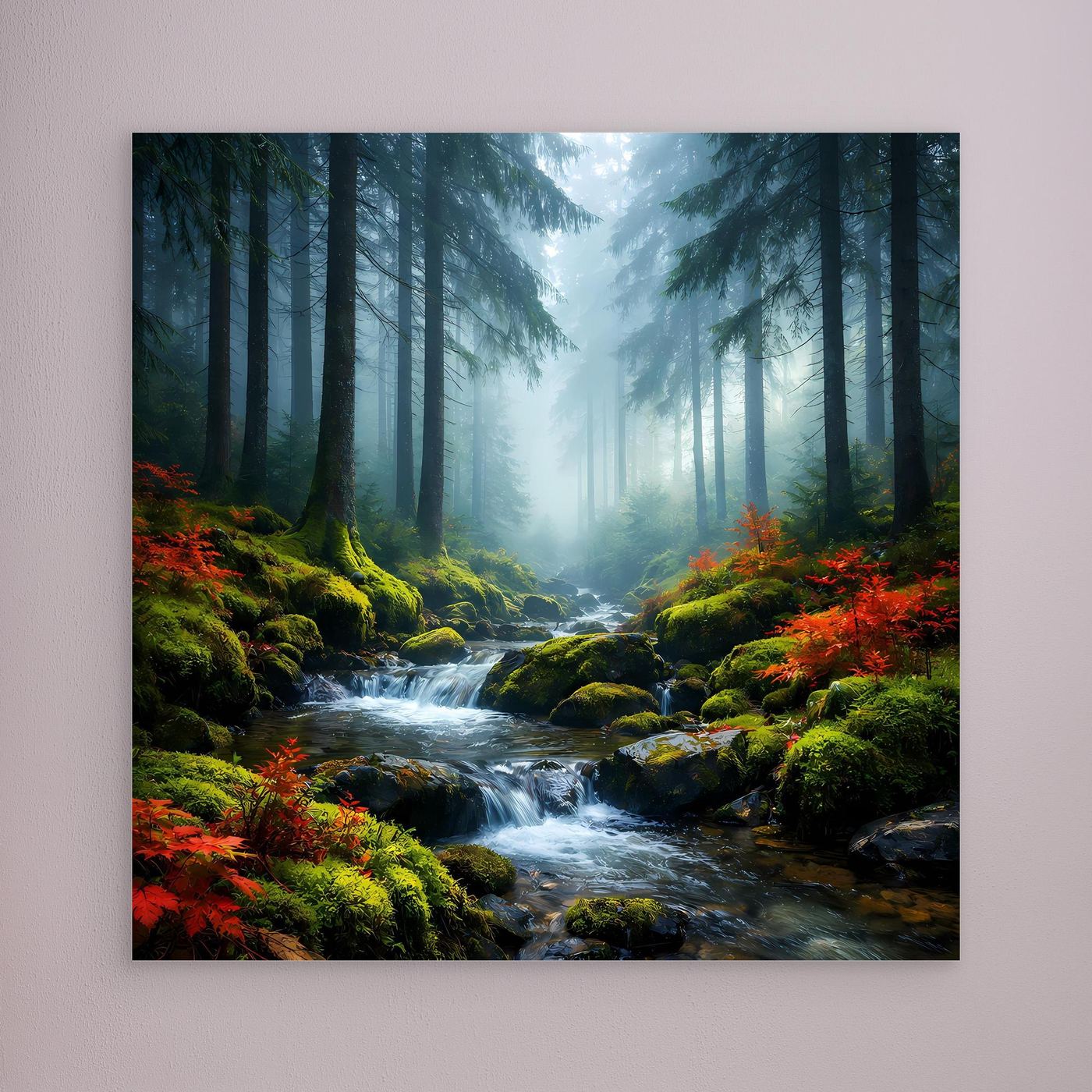 Wandbild: Waldbach im Nebel mit roten Sträuchern und Moosbänken, mit schmaler Umrandung