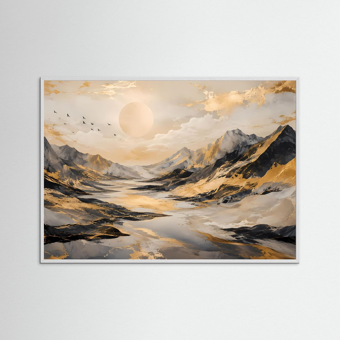 Abstrakte Berglandschaft mit Goldakzenten | Modernes Poster in Schwarz, Weiß & Gold | Edles Wandbild Querformat