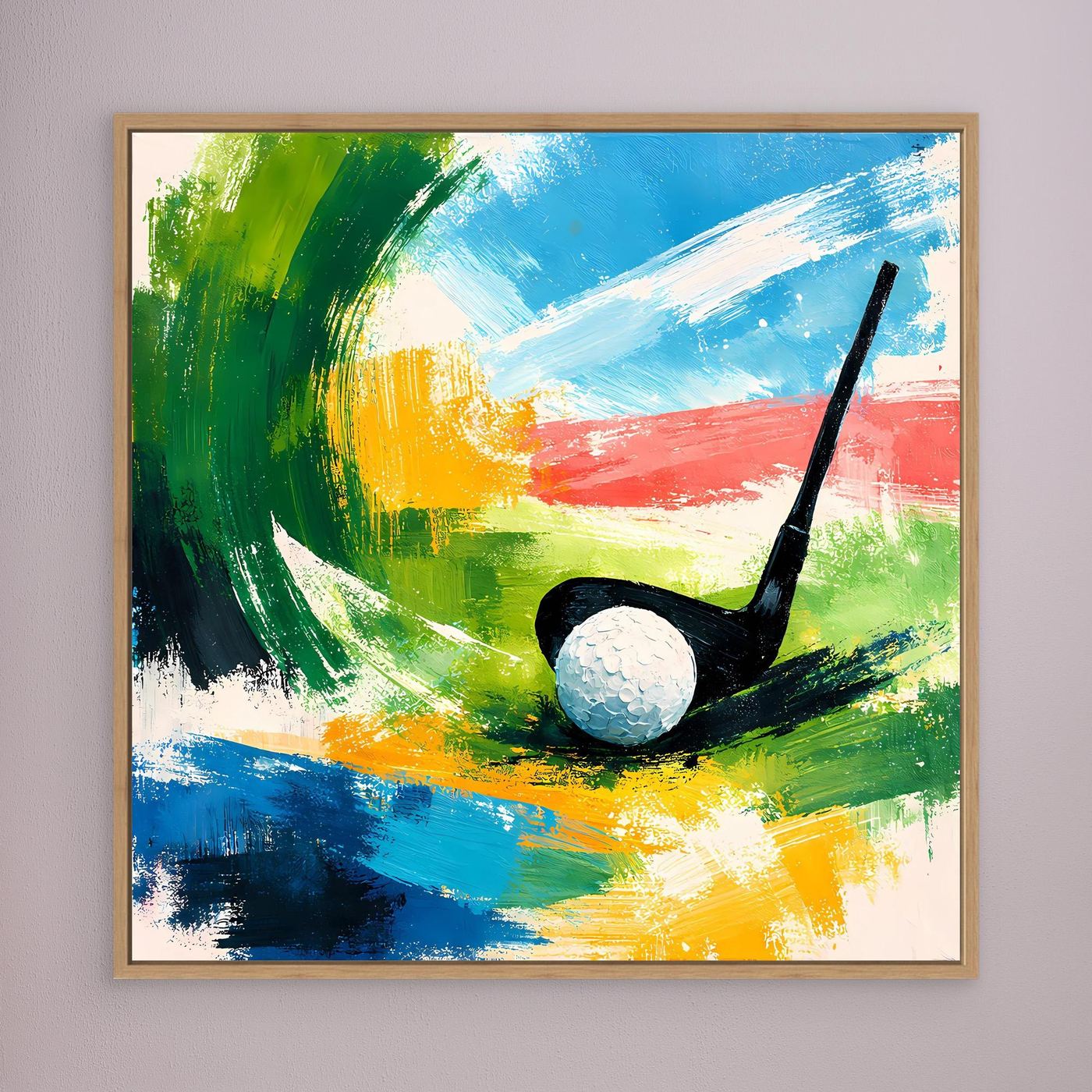Abstraktes Golf-Wandbild auf Leinwand mit schwarzem Schläger und weißem Ball, im braunen Rahmen