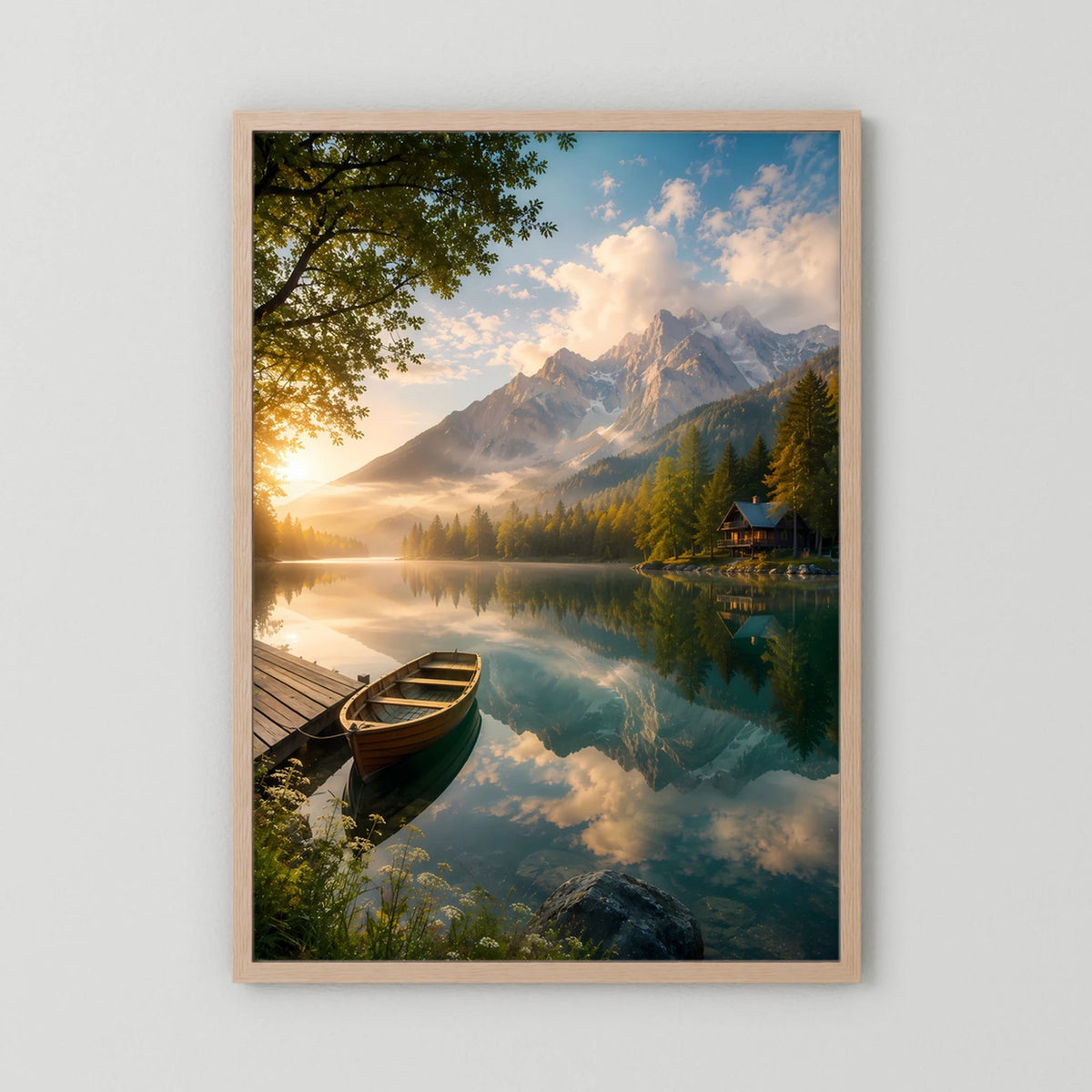 Kunstposter mit Bergsee und Holzboot, goldbrauner Holzrahmen