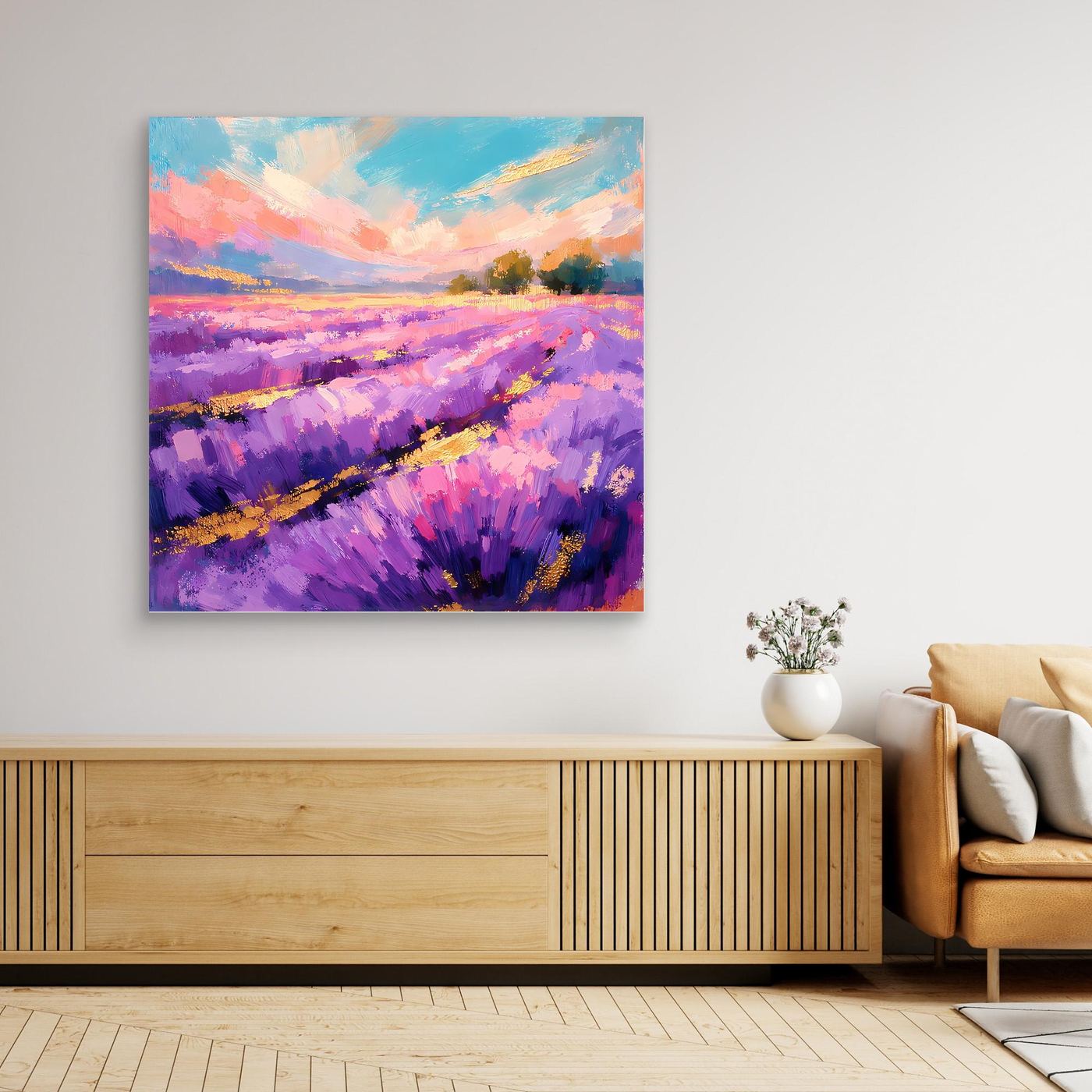 Abstraktes Leinwandbild mit Lavendelfeld in Violett und pastellfarbenem Himmel