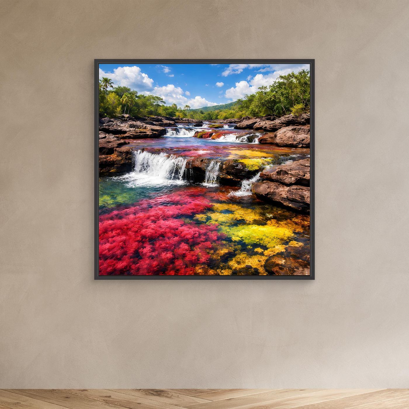 Leinwandbild mit schwarzem Rahmen: Wasserfall mit Regenbogenfarbflächen am Bach