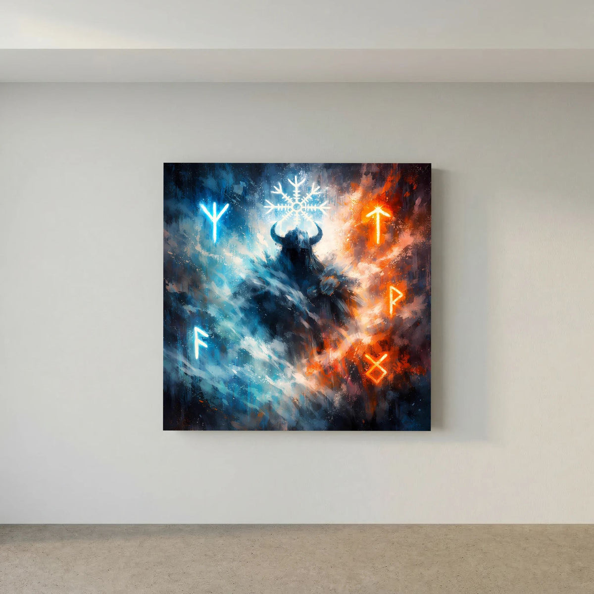 Leinwandbild mit Wikingerkrieger-Silhouette, Schneeflocke und Runen in Blau und Orange