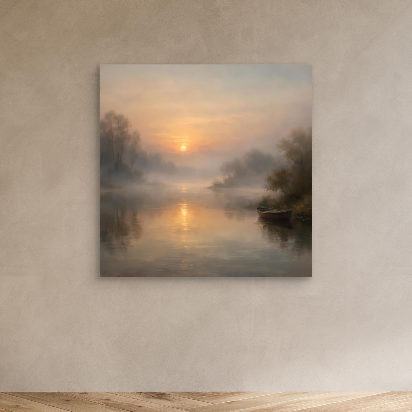 Leinwandbild ohne Rahmen: nebliger Flussmorgen mit Sonnenaufgang, Boot und Uferbäumen
