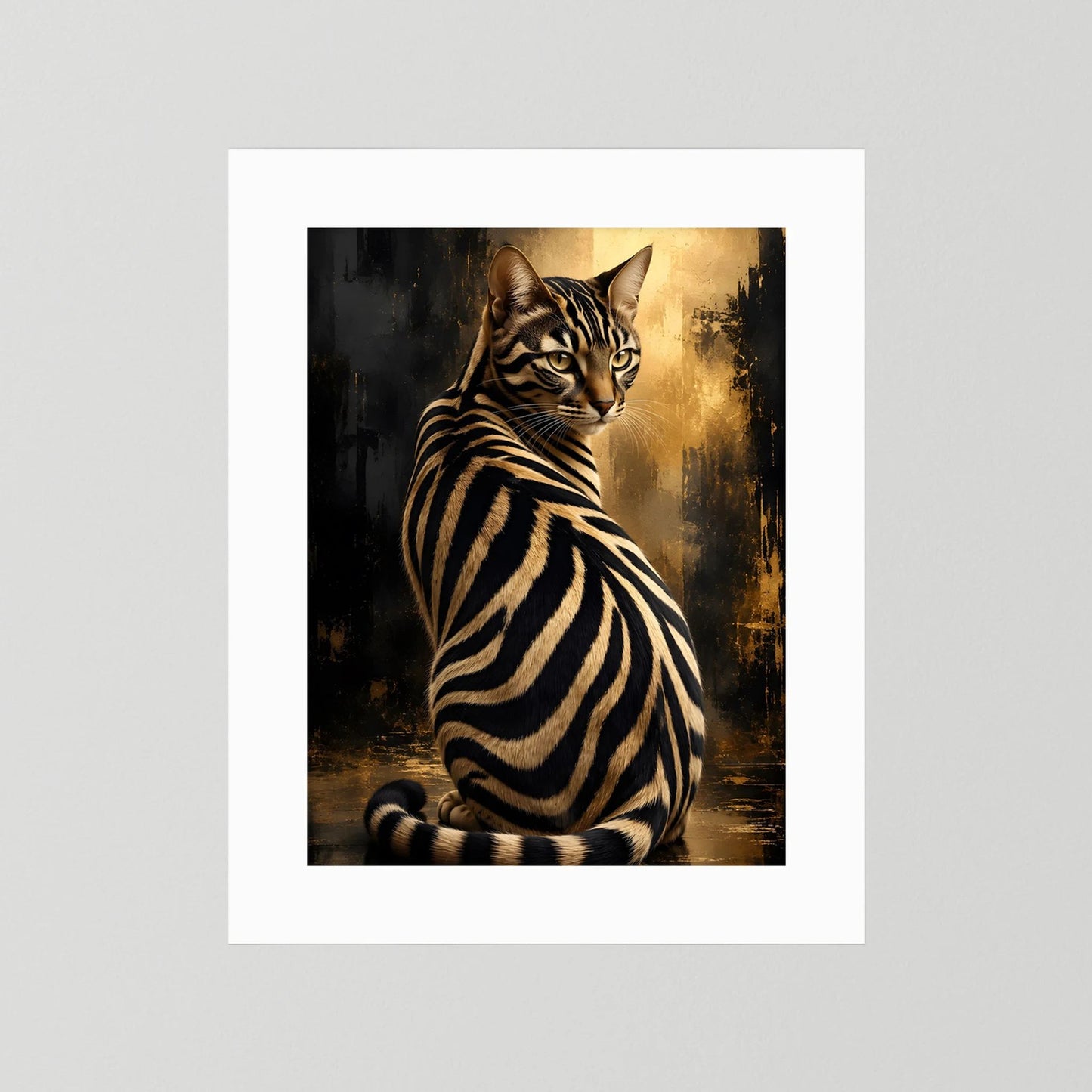 Poster Zebra-Katze in Schwarz und goldenen Akzenten mit weißem Rand