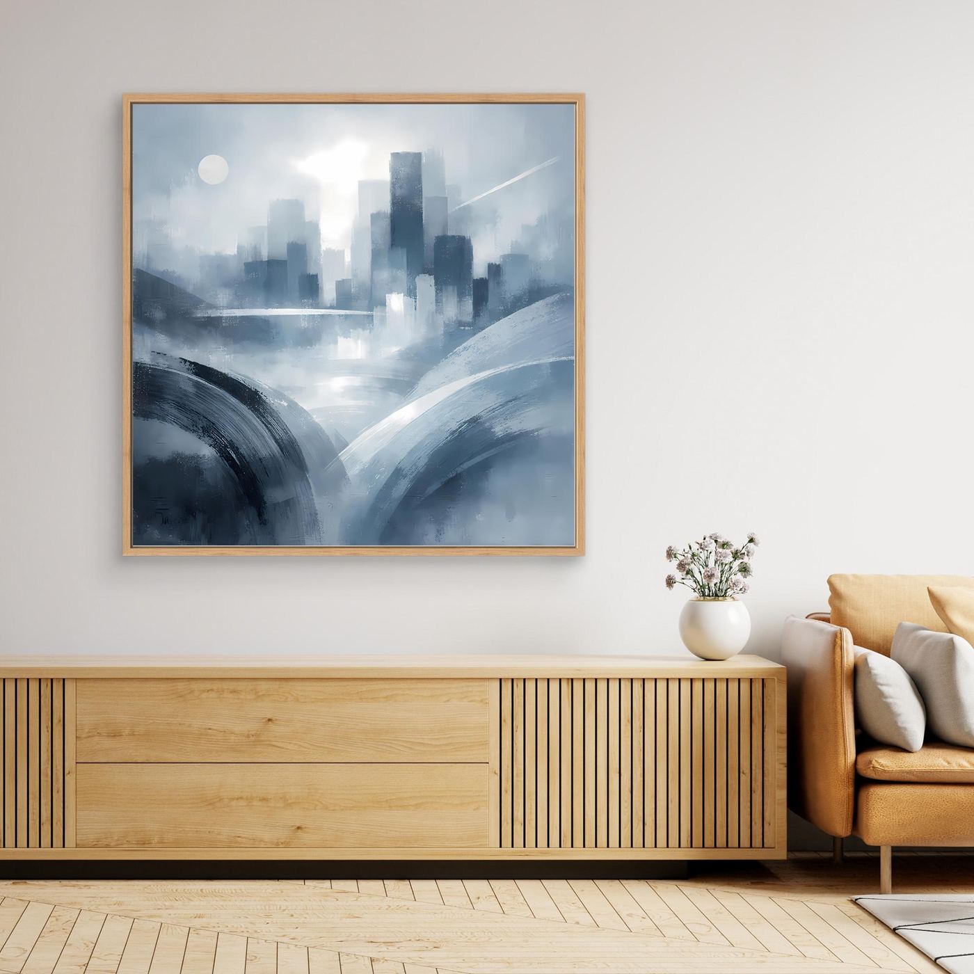 Leinwandbild mit abstrakter Skyline in Blau-Grau im goldfarbenen Holzrahmen