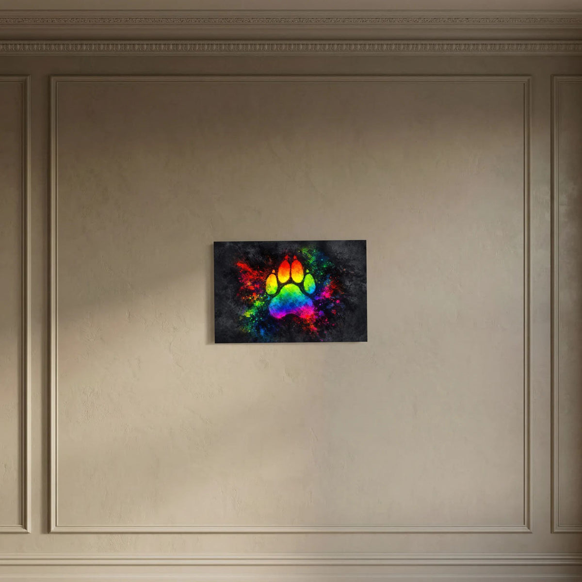 Poster mit farbenfrohem Pfotenabdruck, querformat, leuchtende Farbexplosion
