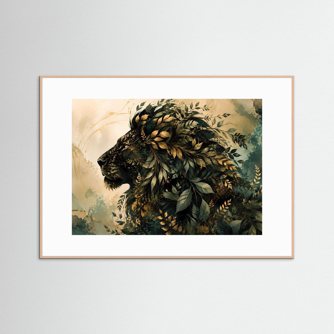 Löwe aus Blättern Poster | Botanischer Löwenkopf mit Goldakzenten | Elegante Tier Wandkunst | Abstrakte Naturkunst | Premium Leinwand & Wall Art