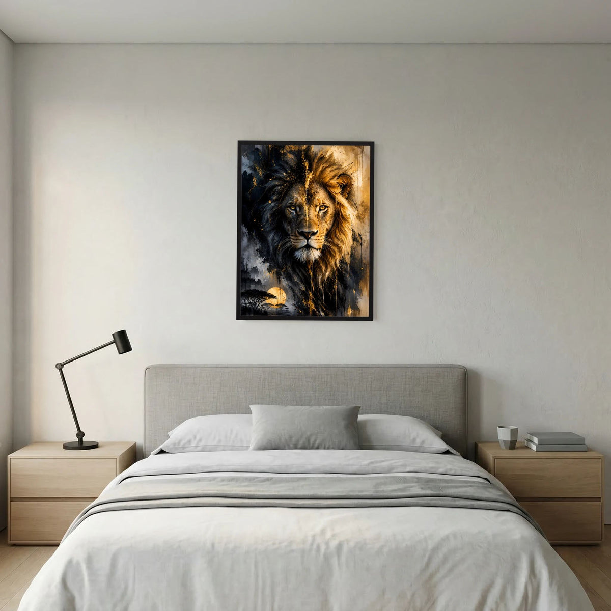 Gerahmtes Löwenposter im Hochformat, abstrakter schwarz-goldener Löwenblick