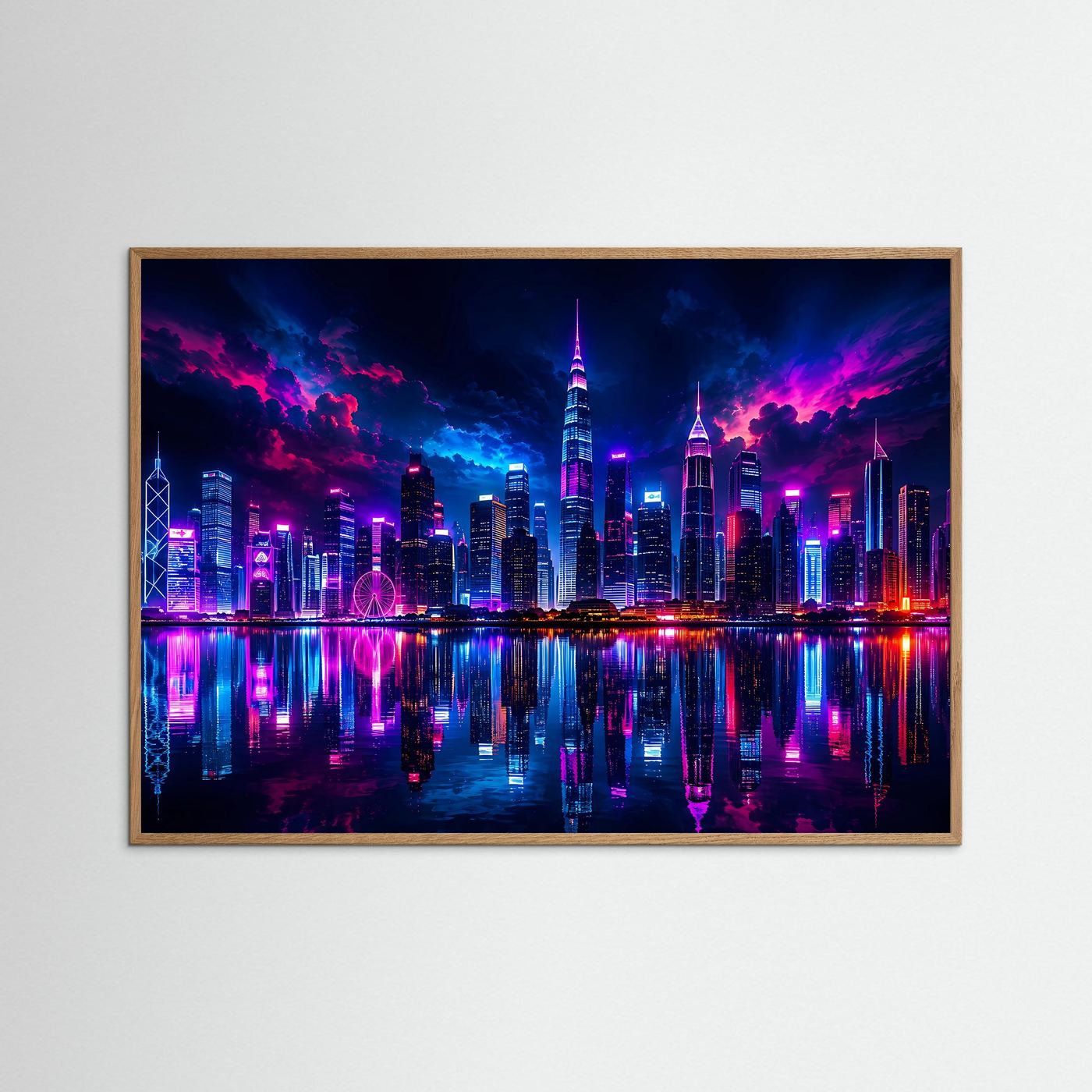 Neon Skyline bei Nacht | Futuristische City Wandbild in Pink & Blau