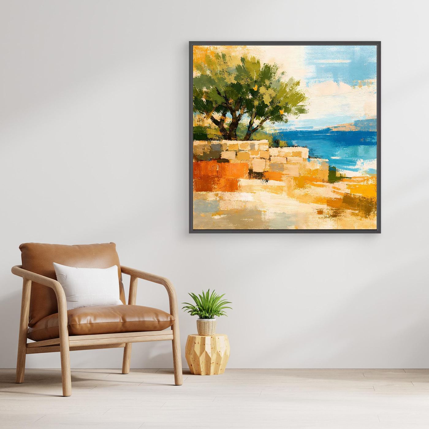 Leinwand Olivenbaum an der Mittelmeerküste | Abstraktes Natur Strand Wandbild
