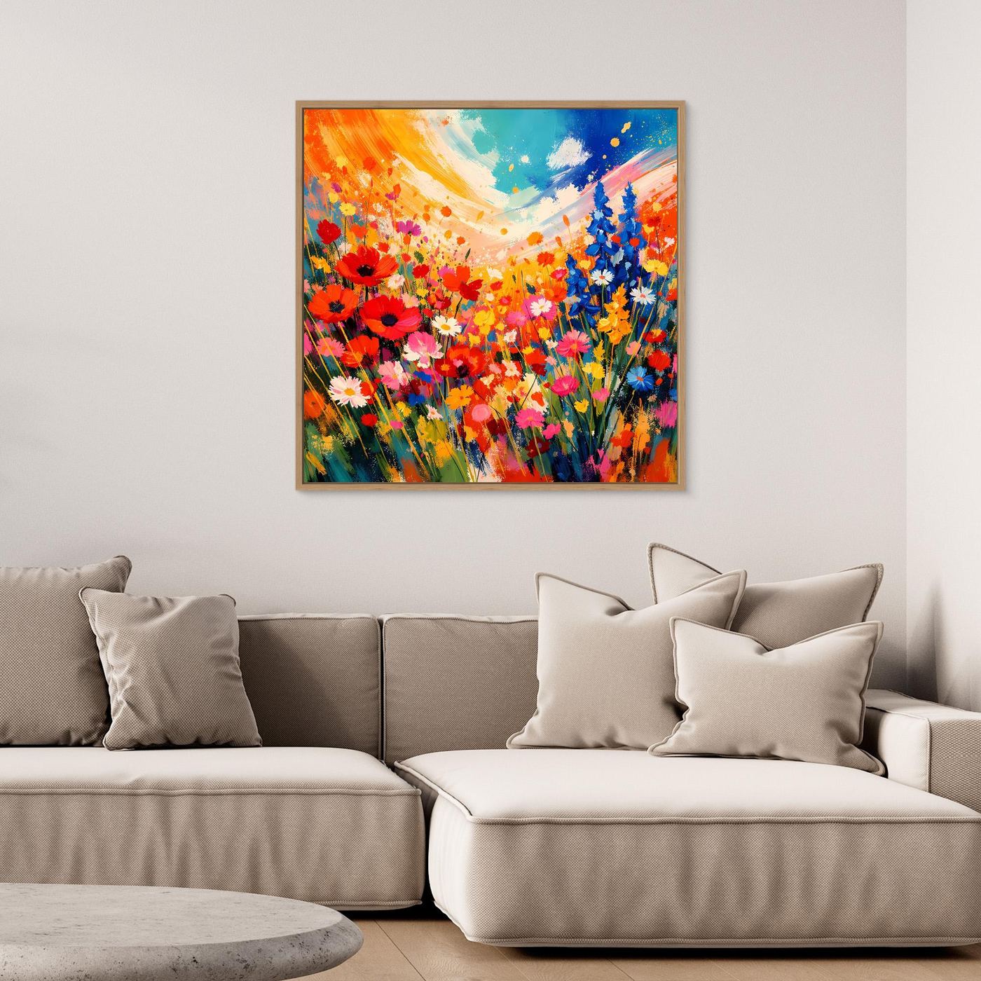 Leinwandbild bunte Blumenwiese mit abstrakten Blumen, brauner Holzrahmen