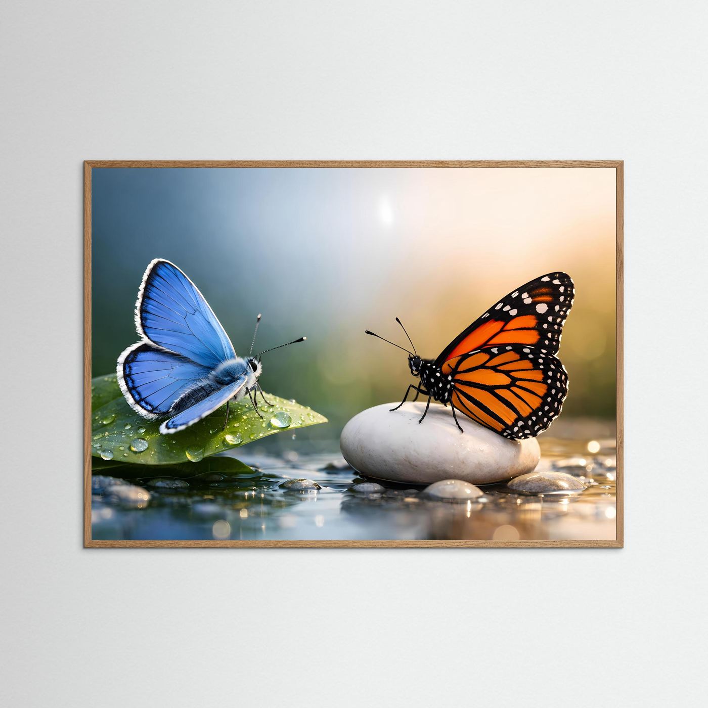 Naturposter Querformat mit blauen und orangefarbenen Schmetterlingen im beigen Rahmen