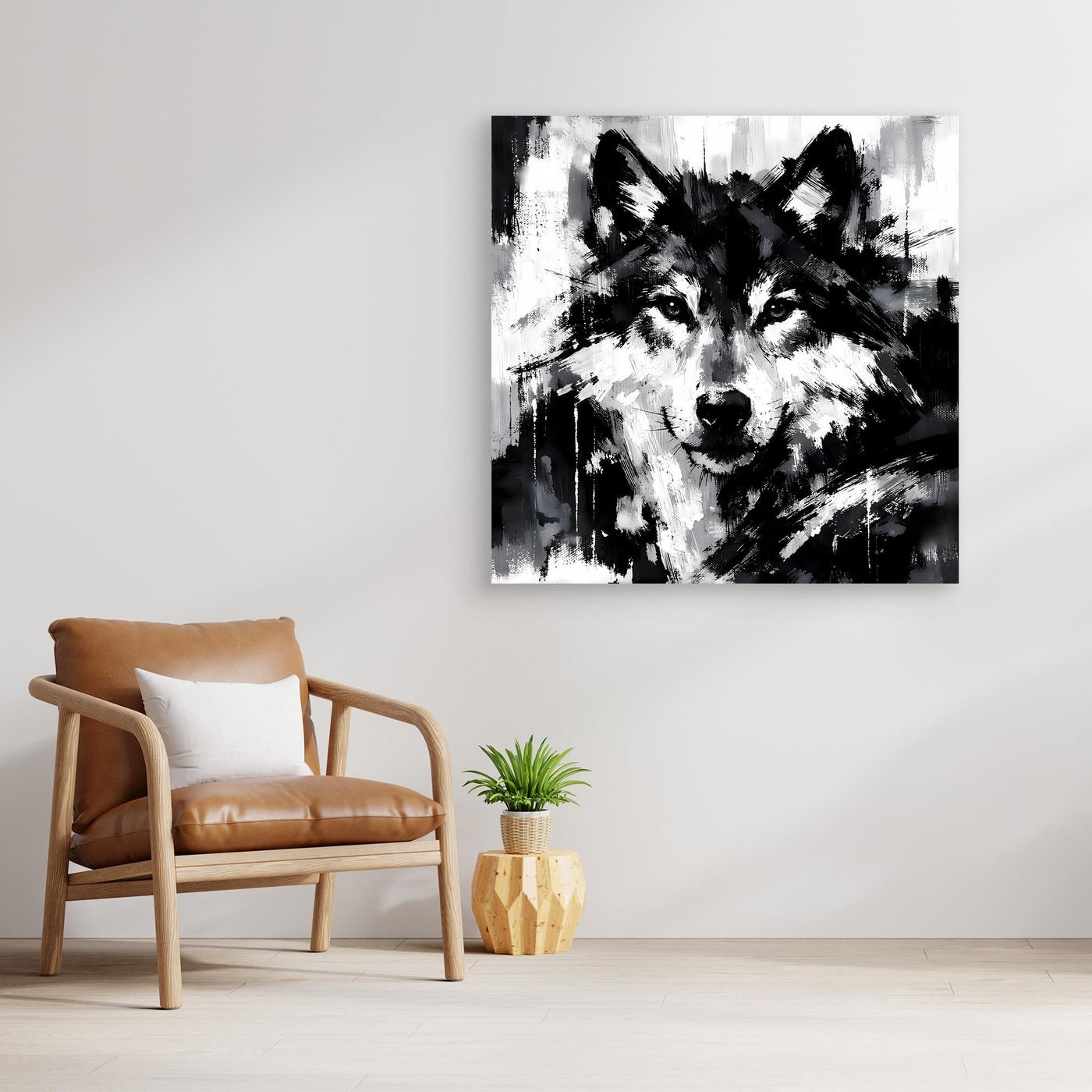 Leinwand-Wandbild mit abstraktem Wolf in Schwarzweiß, ohne Rahmen