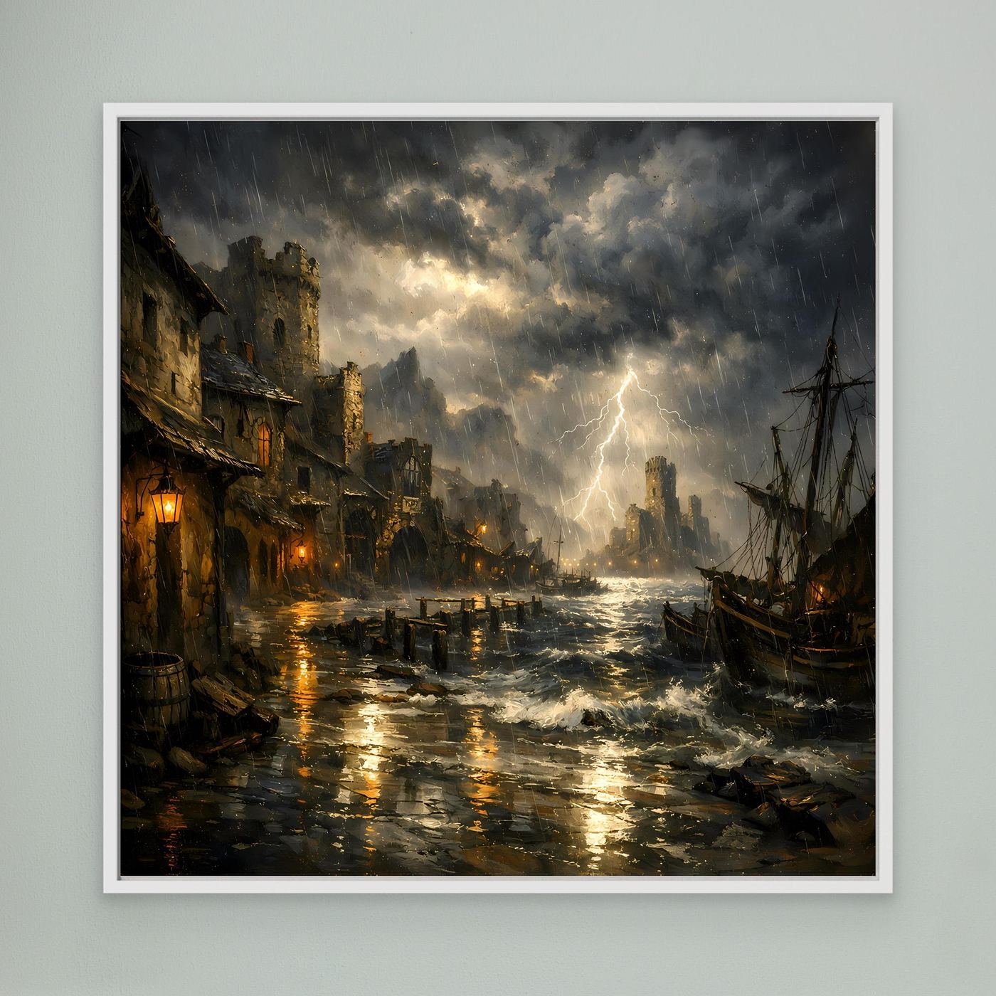 Leinwandbild mit Gewitter über dem Hafen: Blitz, stürmische Wellen, weiße Einfassung