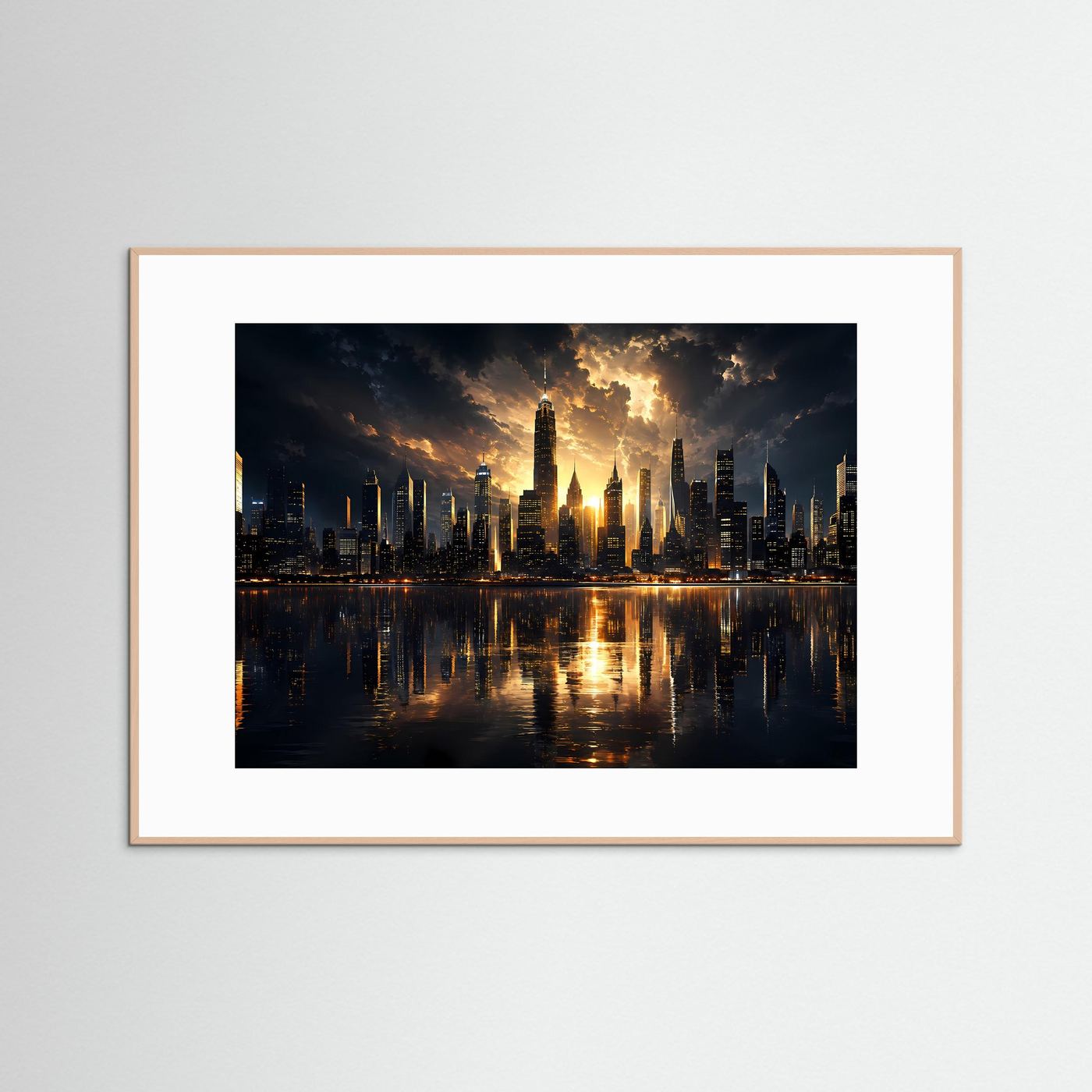 Skyline Poster Gold Schwarz | Moderne Wolkenkratzer bei Sonnenuntergang | City Skyline Wandbild | Luxus Architektur | Leinwand | Premium Wall Art
