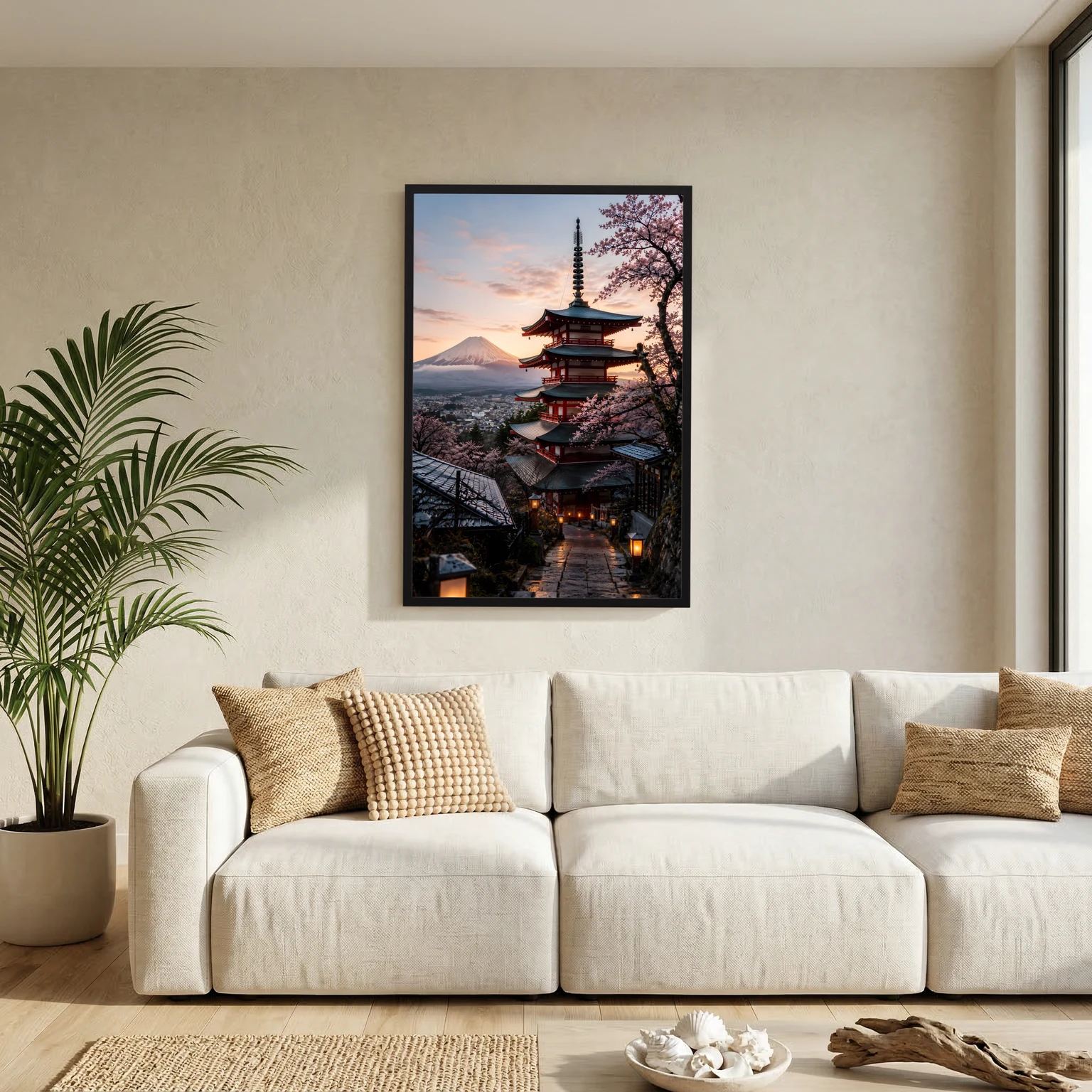 Hochformatiges Japan-Pagode Poster mit Kirschblüten und Fuji im Sonnenuntergang, schwarz gerahmt