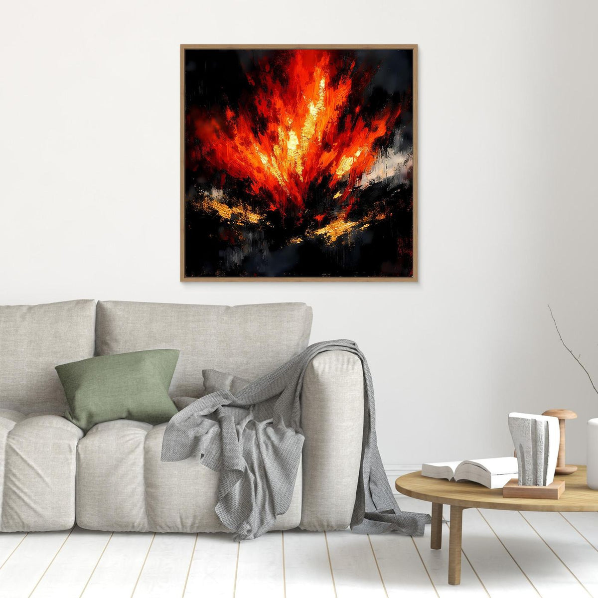 Leinwand-Wandbild mit abstrakten Flammen in Rot und Orange, braun gerahmt.