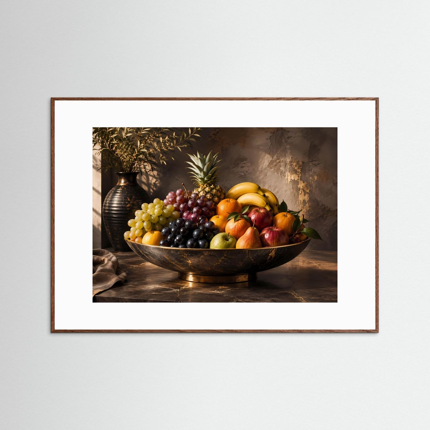 Obststillleben-Poster mit Früchteschale und Keramikvase, brauner Holzrahmen