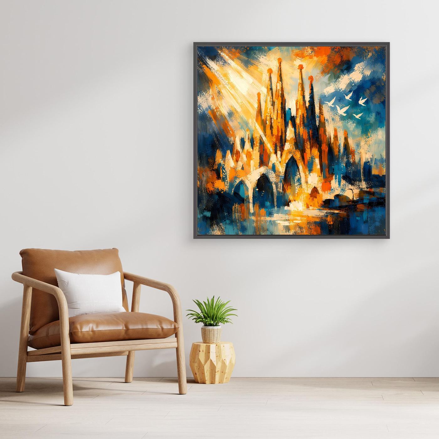 Abstraktes Leinwandbild mit dunkelgrauem Rahmen, Architekturmotiv mit Türmen in Blau-Orange.