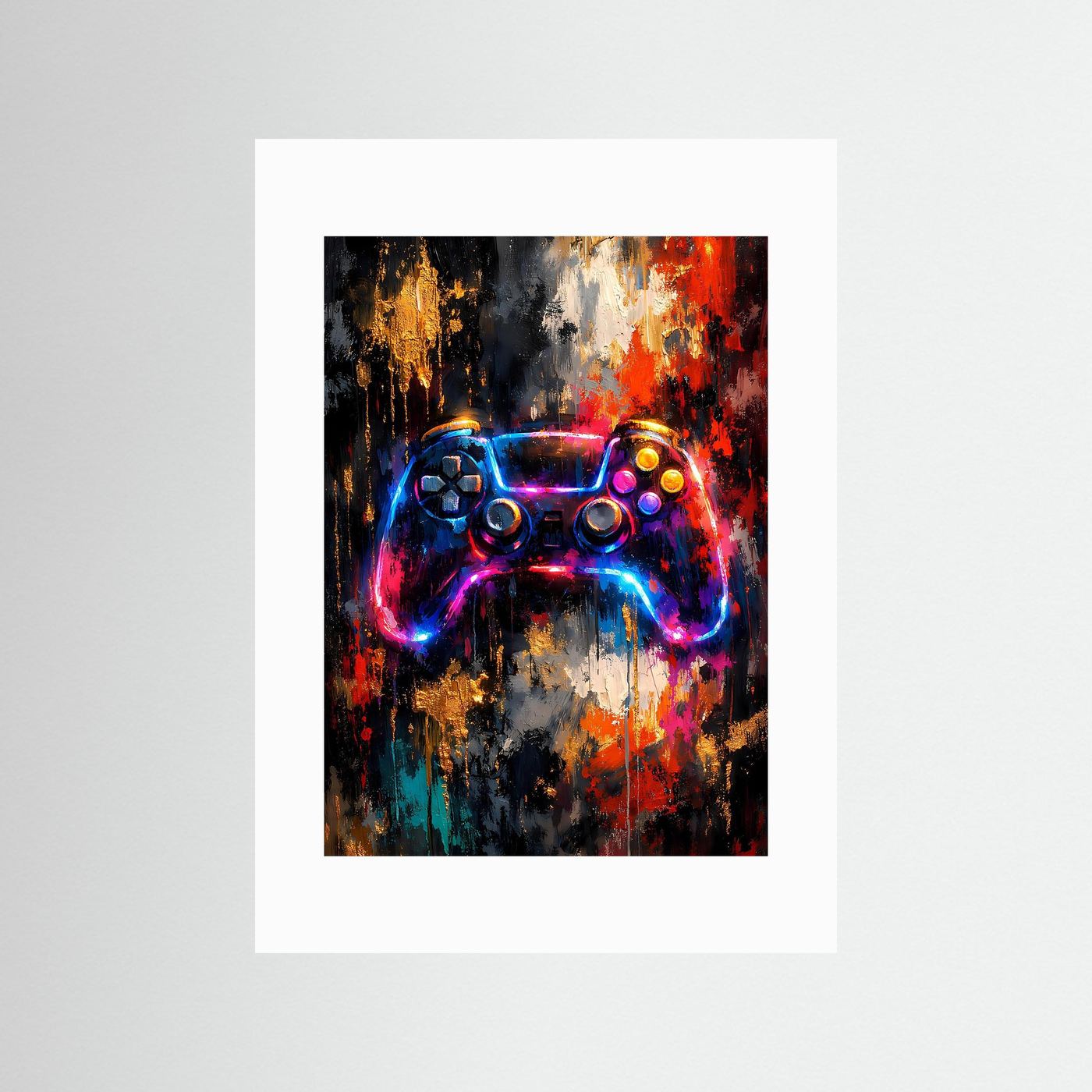 Gaming-Poster mit Controller-Illustration in Neonfarben, mit weißem Rand